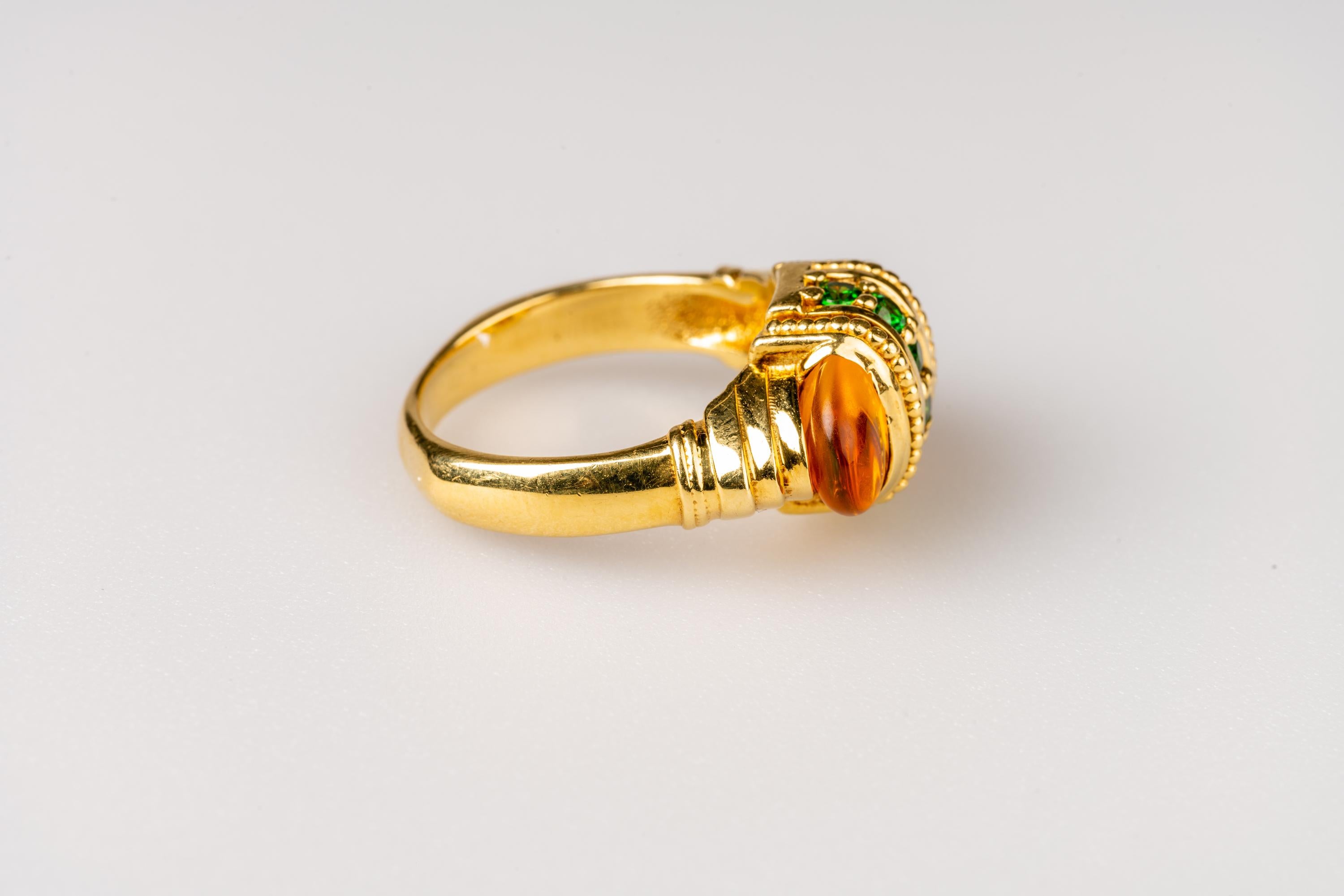 Art Nouveau 18 Karat Yellow Gold Citrine and Tsavorite Garnet Ring