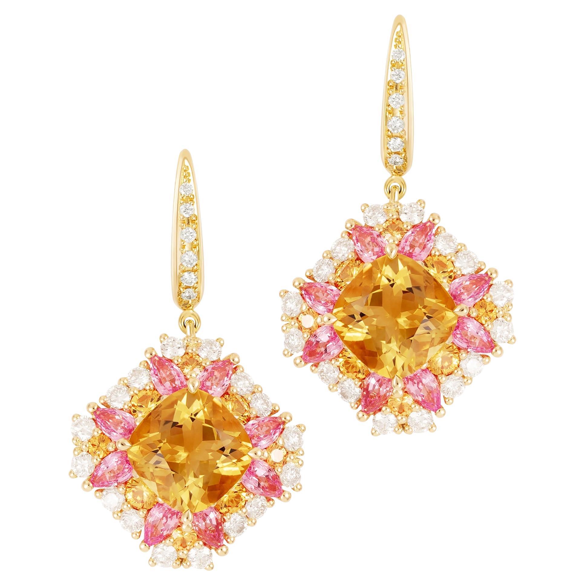 18K Yellow Gold Citrine, Pink and Orange Sapphire and Diamond earrings im Angebot