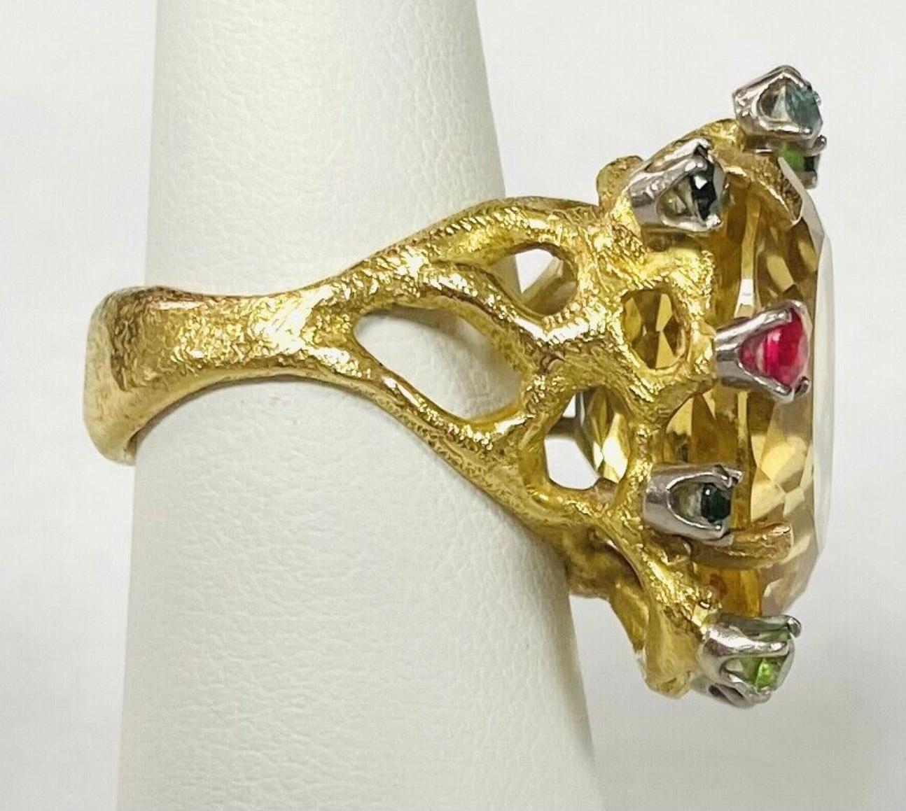 Modern 18K Yellow Gold Citrine With Multiple Gemstones Ring Approximately 12 Carats For Sale
