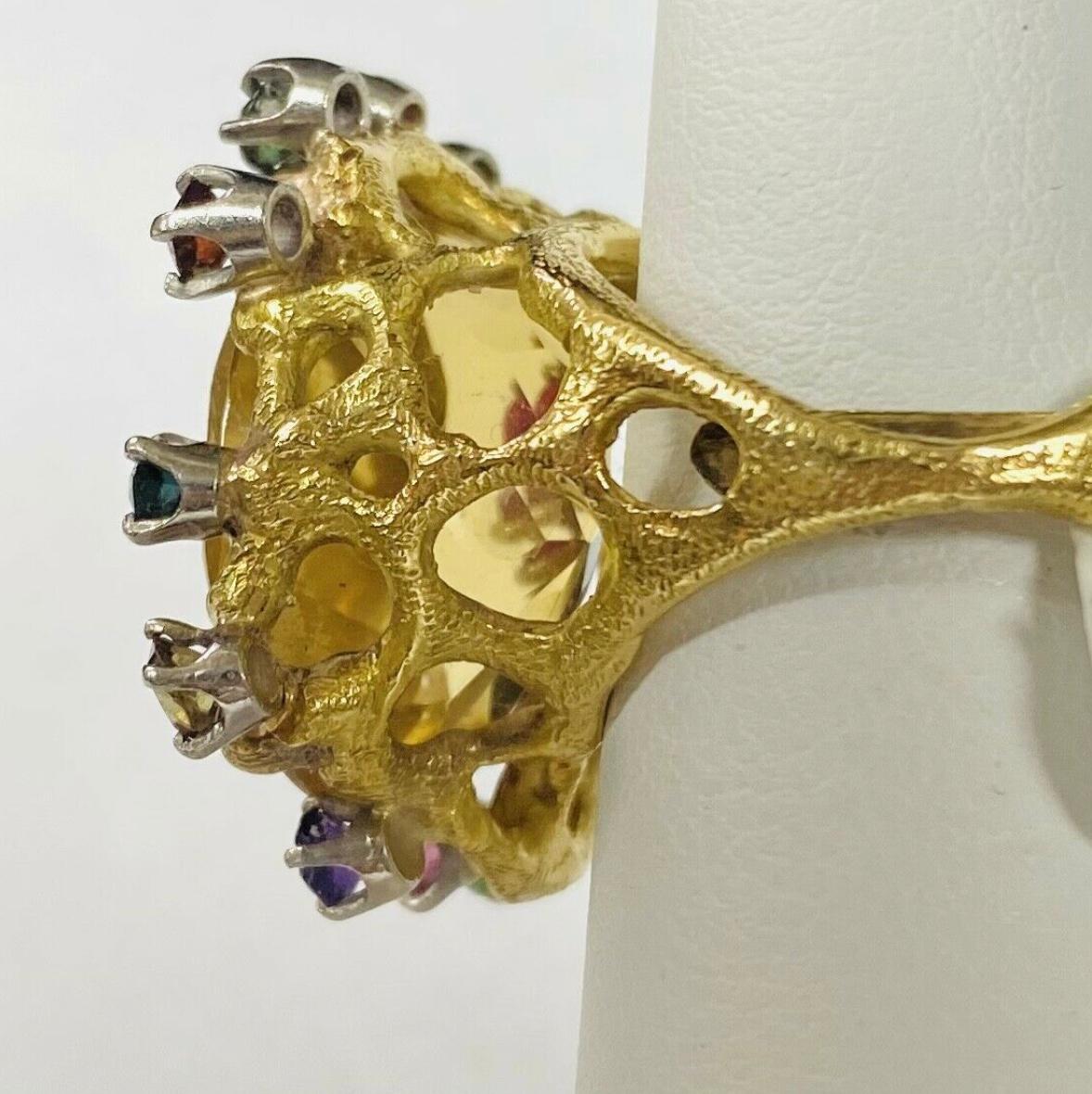 Oval Cut 18K Yellow Gold Citrine With Multiple Gemstones Ring Approximately 12 Carats For Sale