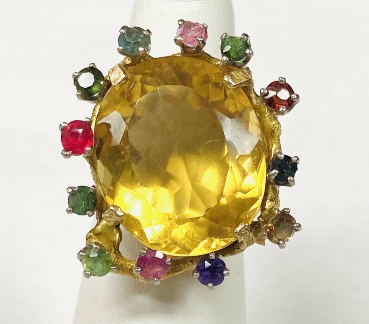 18K Yellow Gold Citrine With Multiple Gemstones Ring Approximately 12 Carats In Excellent Condition For Sale In Bradenton, FL
