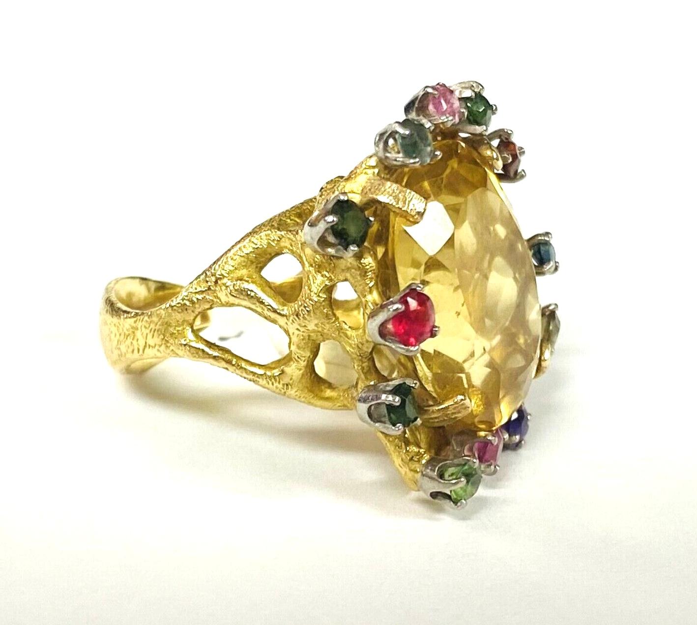 Women's 18K Yellow Gold Citrine With Multiple Gemstones Ring Approximately 12 Carats For Sale