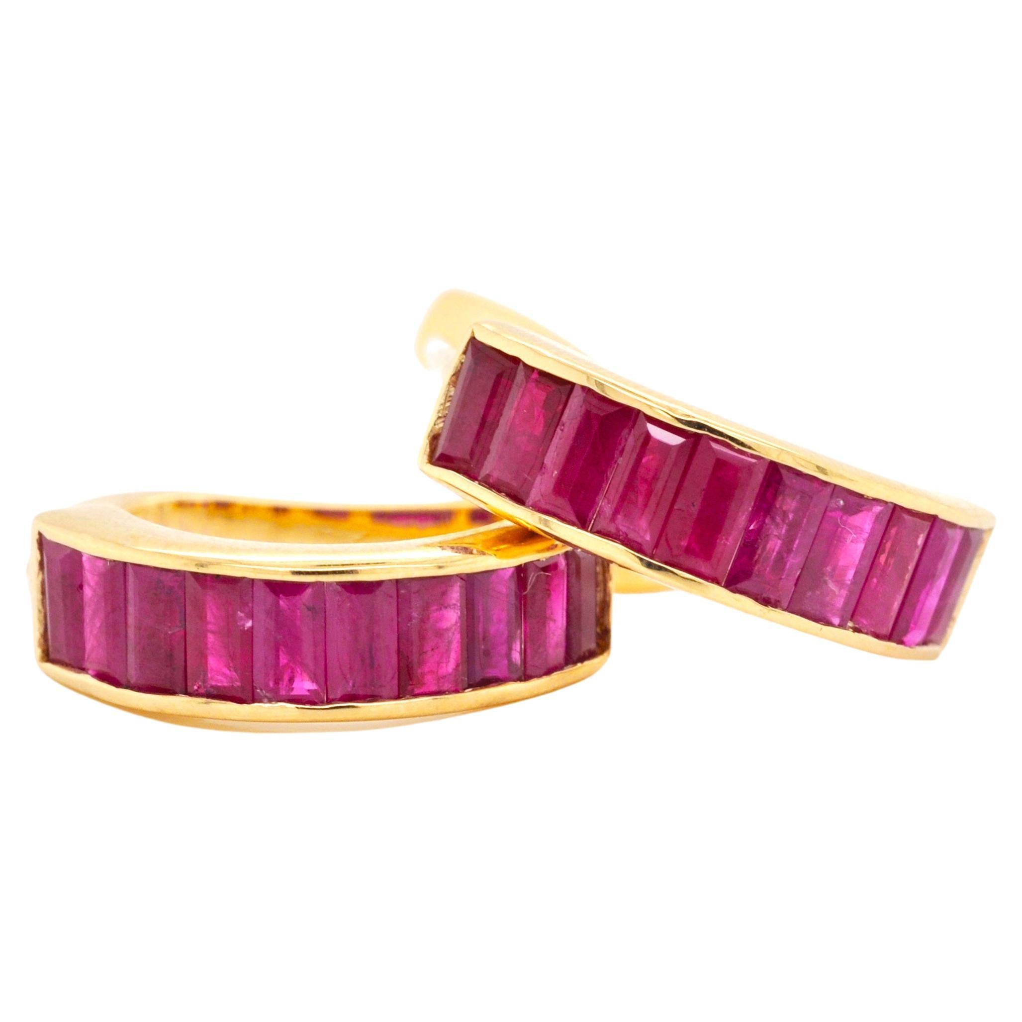 18K Yellow Gold Classic 4X2 MM Mozambique Baguette Ruby Bar Huggies Earrings For Sale