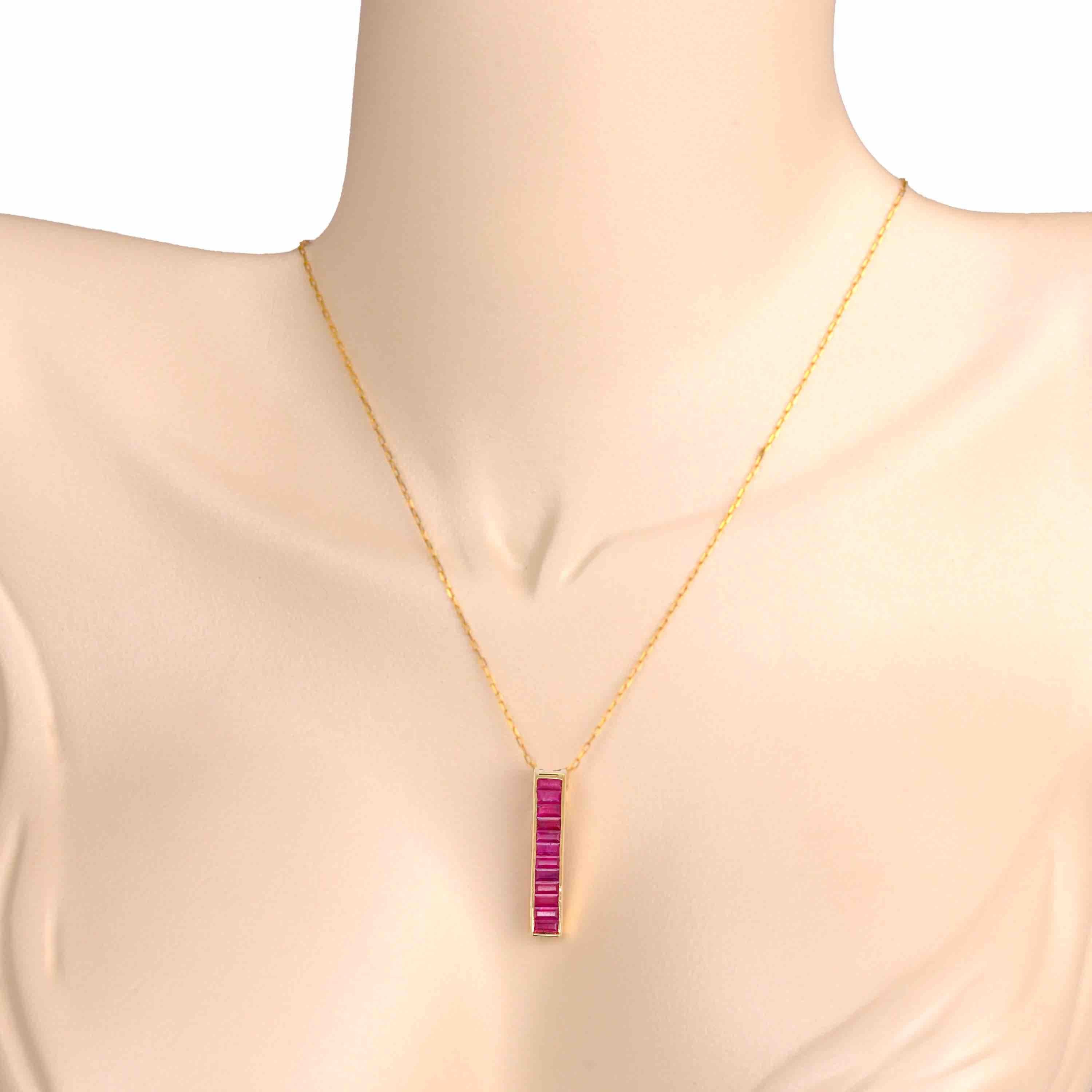 Elevate your style with the Classic Ruby Bar Pendant, a captivating embodiment of sophistication and passion. This pendant boasts a sleek and modern design, featuring a row of exquisite 4x2 mm baguette rubies gracefully set within a polished