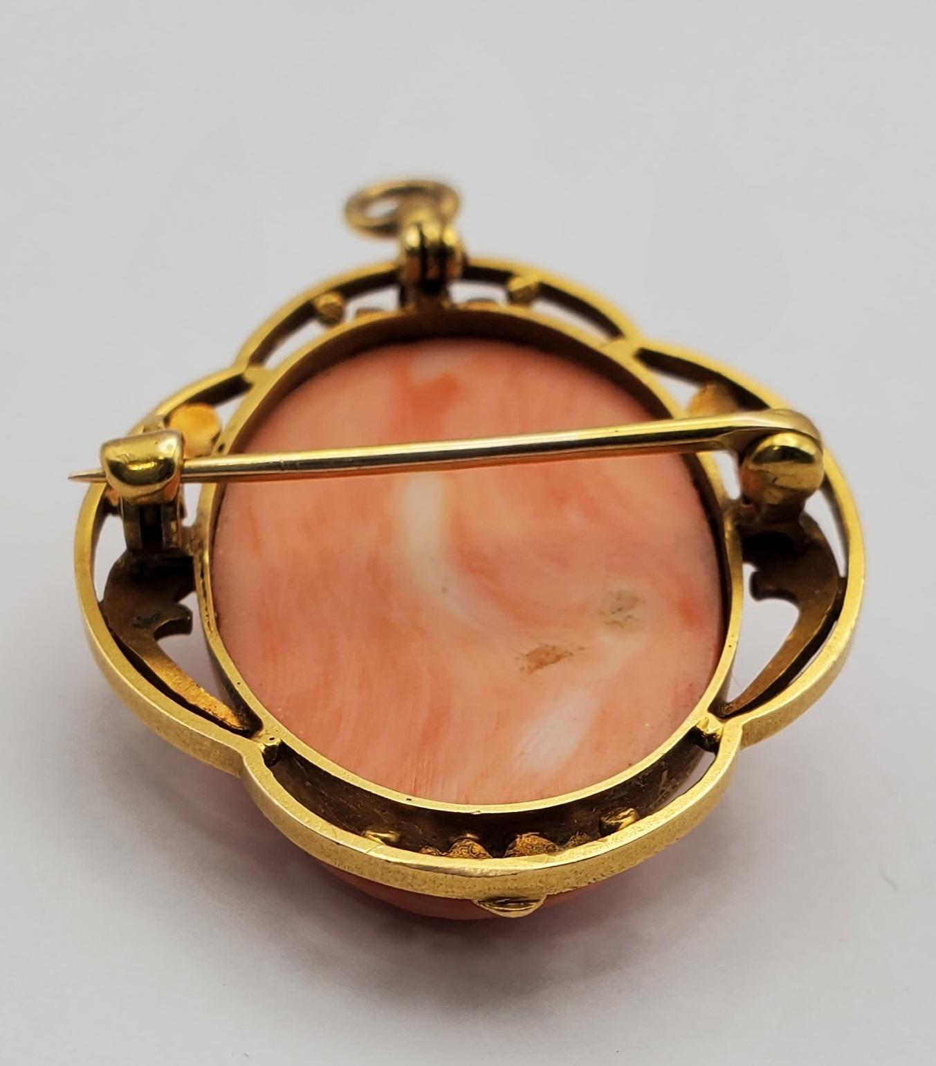 18K Yellow Gold Classic Beauty Natural Coral Cameo Convertible Pendant/Brooch For Sale 4