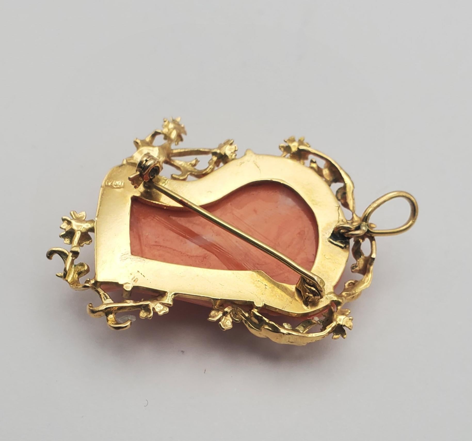 18K Yellow Gold Classic Beauty Natural Coral Cameo Convertible Pendant/Brooch For Sale 4