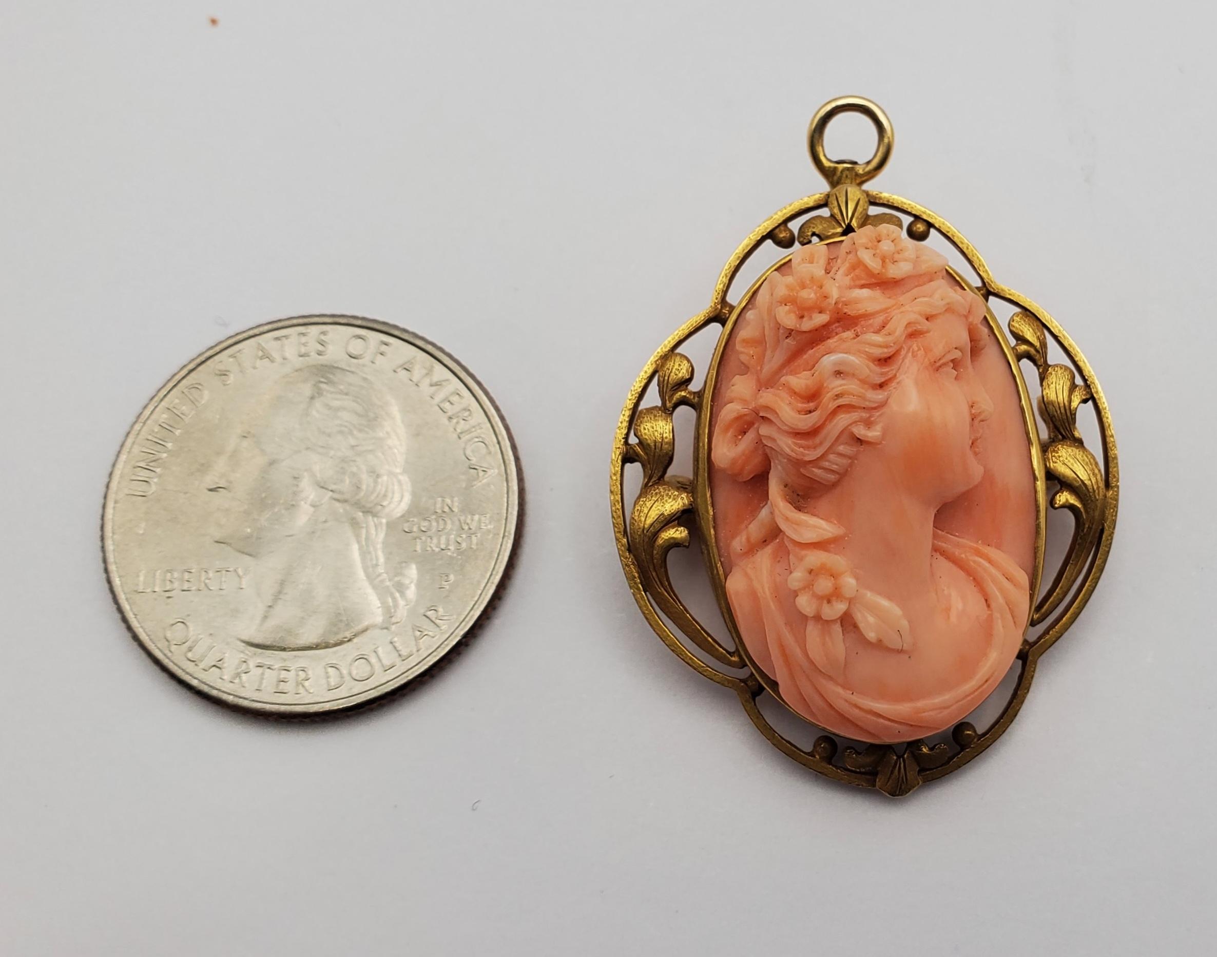 18K Yellow Gold Classic Beauty Natural Coral Cameo Convertible Pendant/Brooch For Sale 5