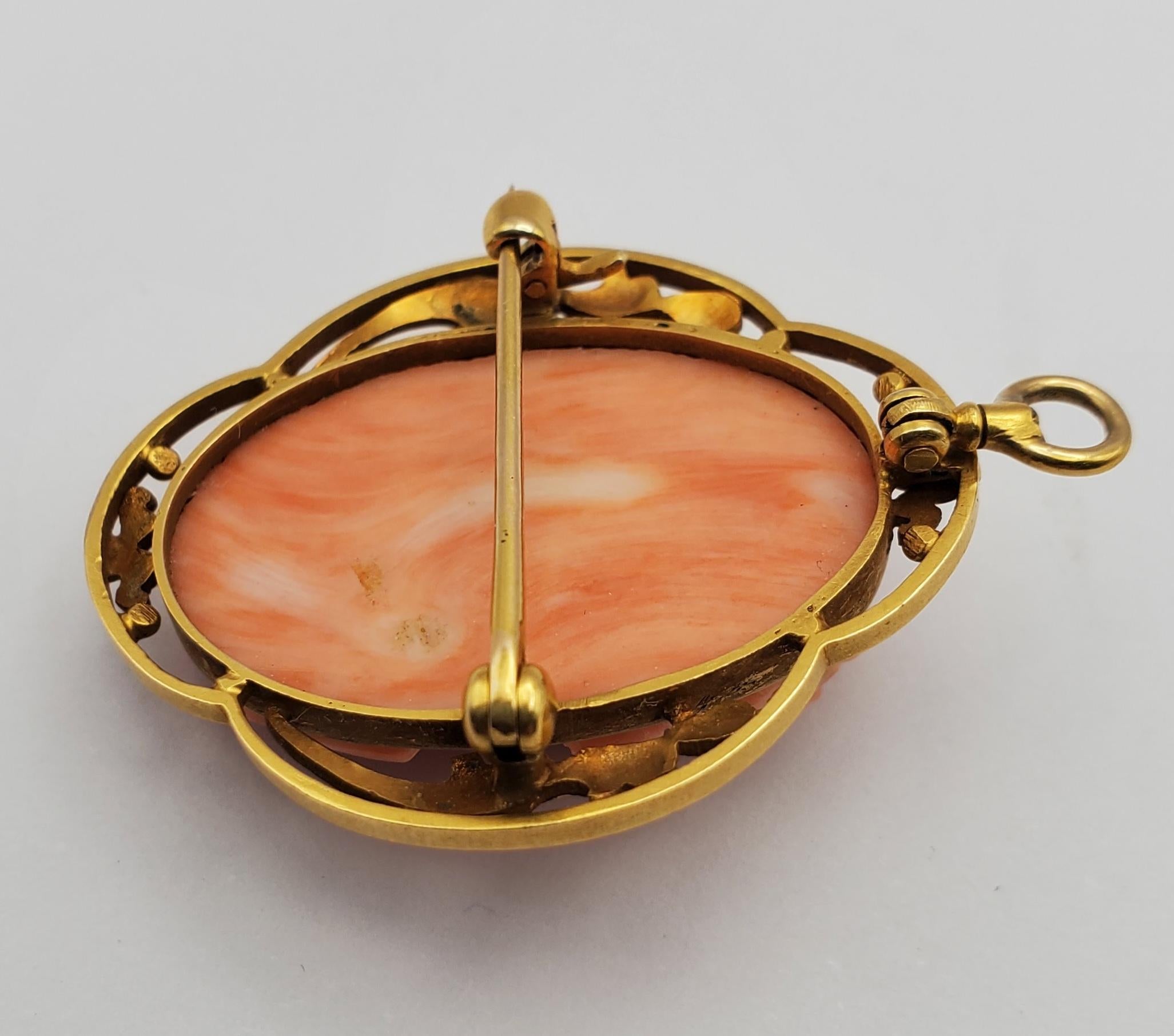 Oval Cut 18K Yellow Gold Classic Beauty Natural Coral Cameo Convertible Pendant/Brooch For Sale