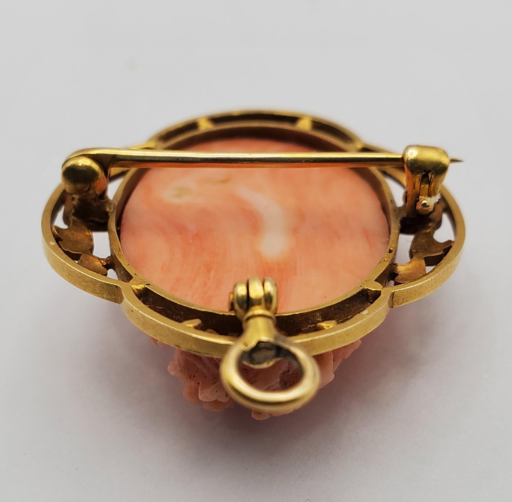 18K Yellow Gold Classic Beauty Natural Coral Cameo Convertible Pendant/Brooch In Good Condition For Sale In Pittsburgh, PA
