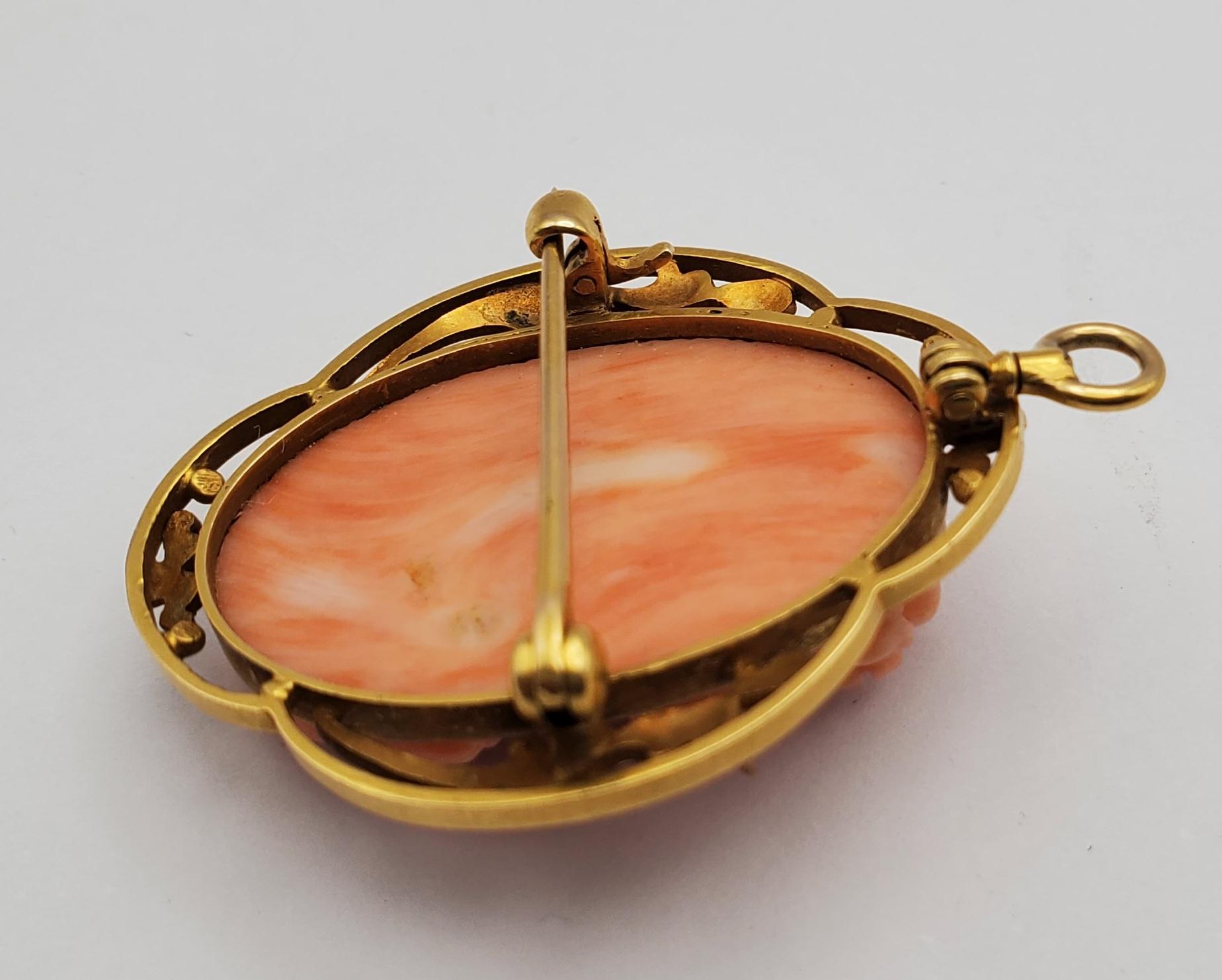 Women's or Men's 18K Yellow Gold Classic Beauty Natural Coral Cameo Convertible Pendant/Brooch For Sale
