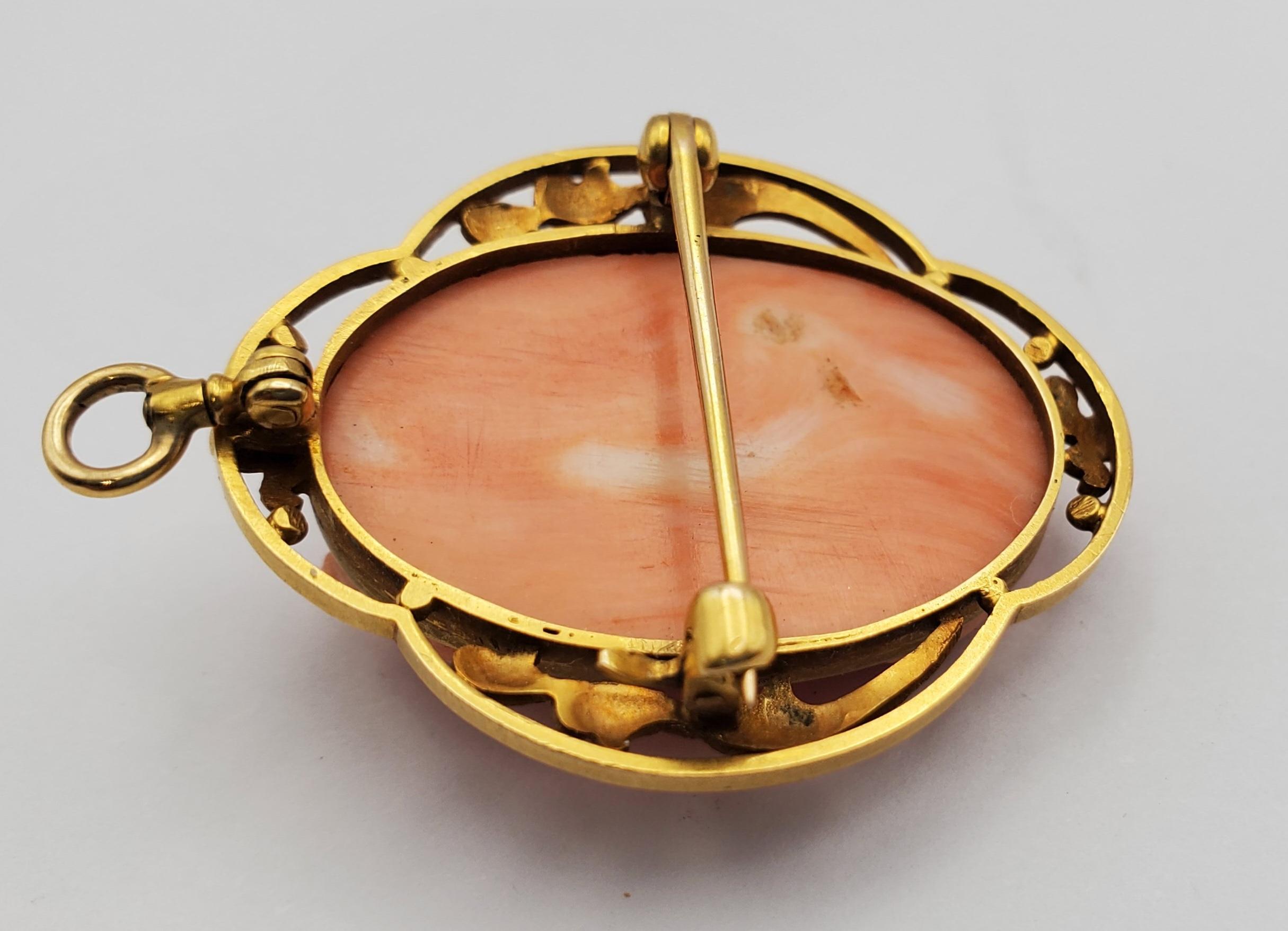 18K Yellow Gold Classic Beauty Natural Coral Cameo Convertible Pendant/Brooch For Sale 1