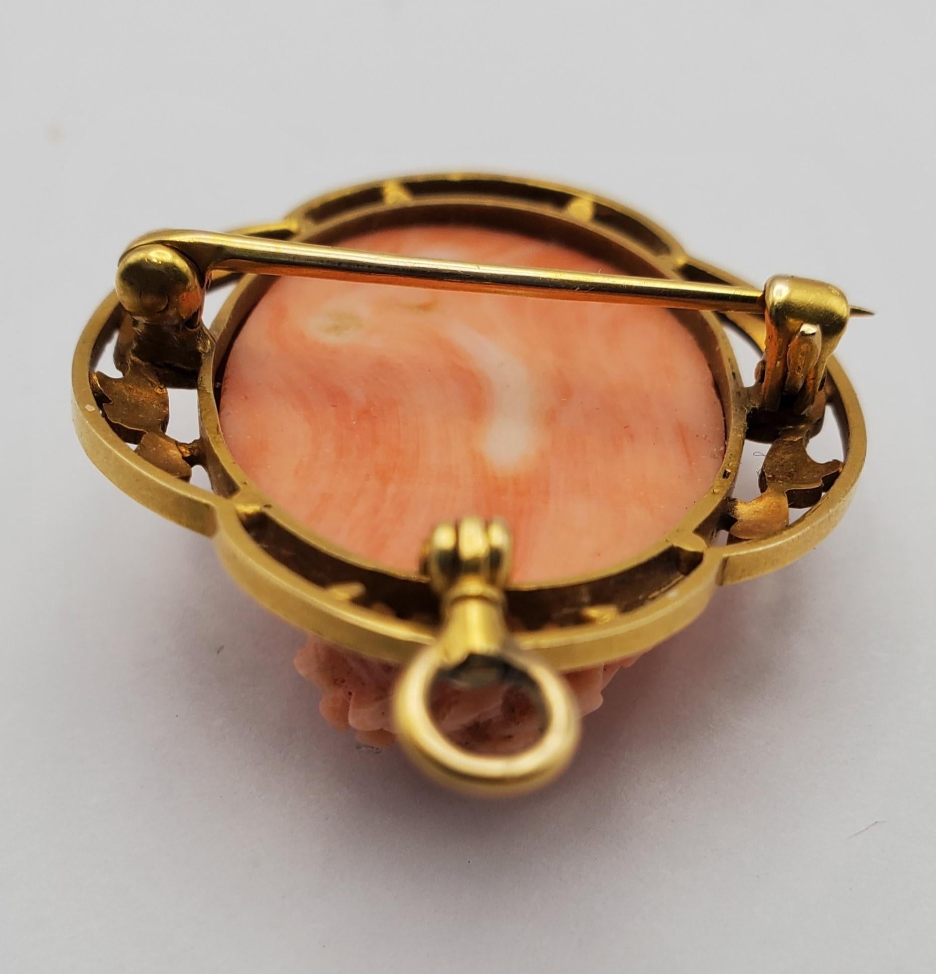 18K Yellow Gold Classic Beauty Natural Coral Cameo Convertible Pendant/Brooch For Sale 3
