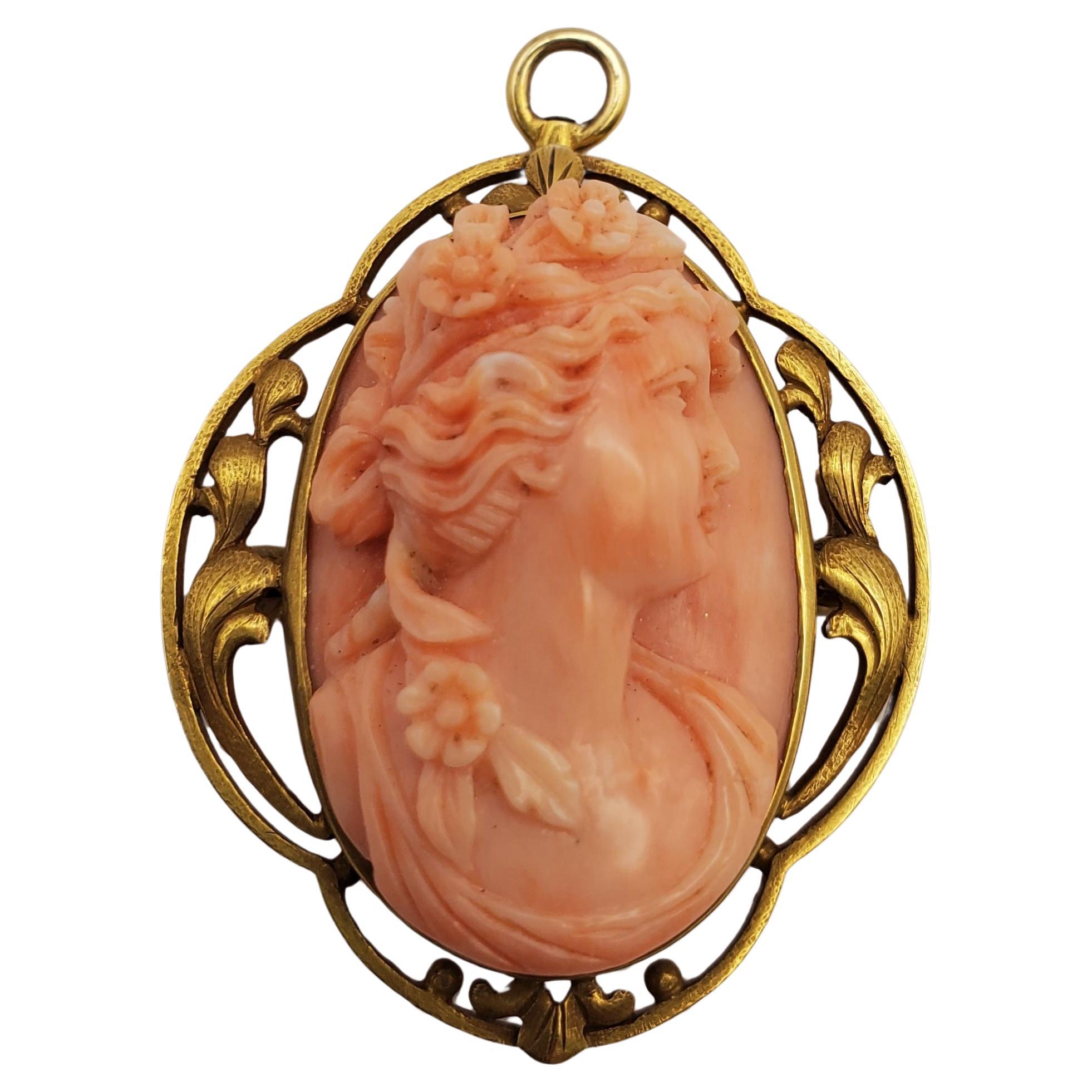 18K Yellow Gold Classic Beauty Natural Coral Cameo Convertible Pendant/Brooch For Sale