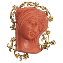 18K Yellow Gold Classic Beauty Natural Coral Cameo Convertible Pendant/Brooch