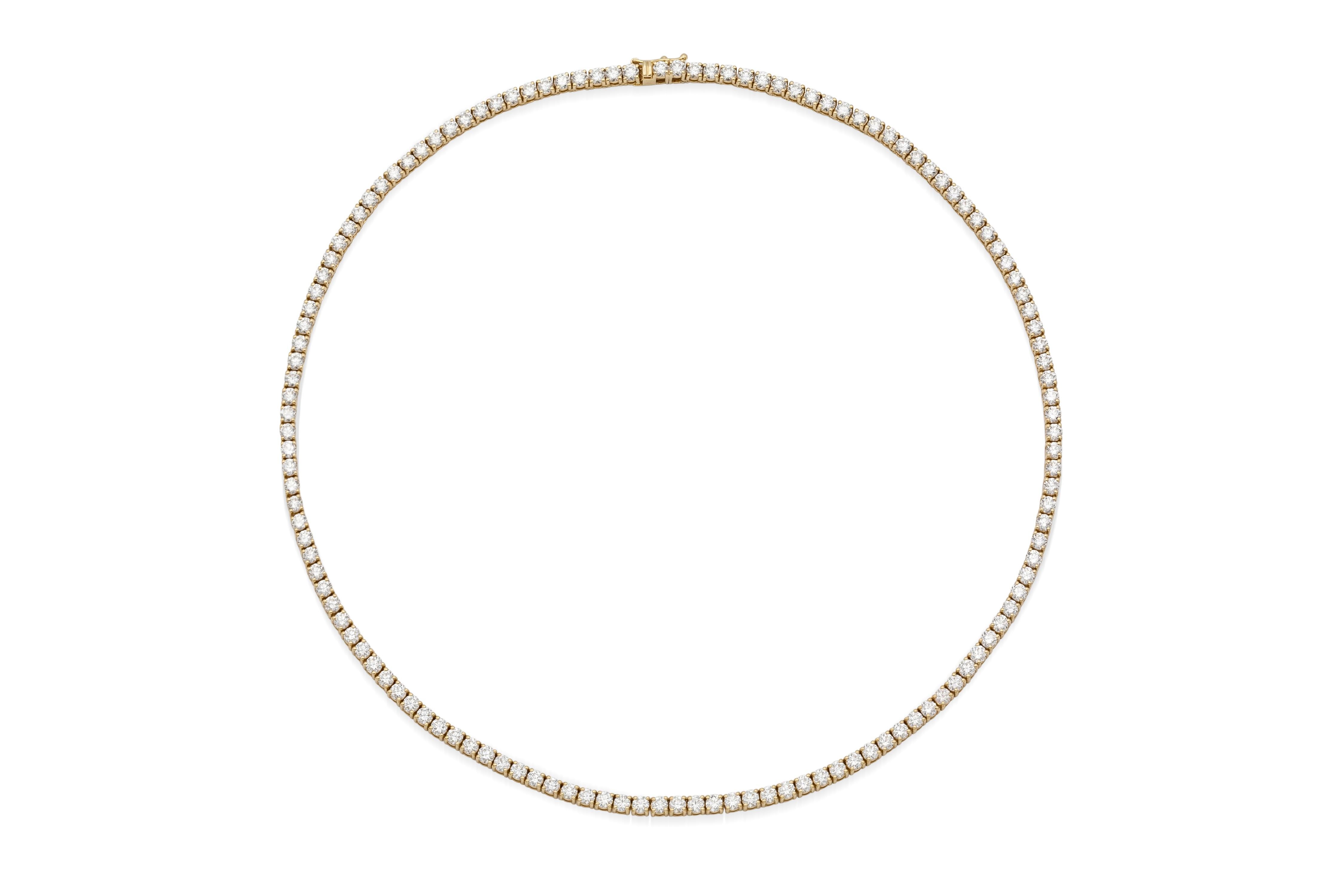 Modern 18k Yellow Gold Classic Diamond Tennis Necklace DTW. 14.00 carats For Sale