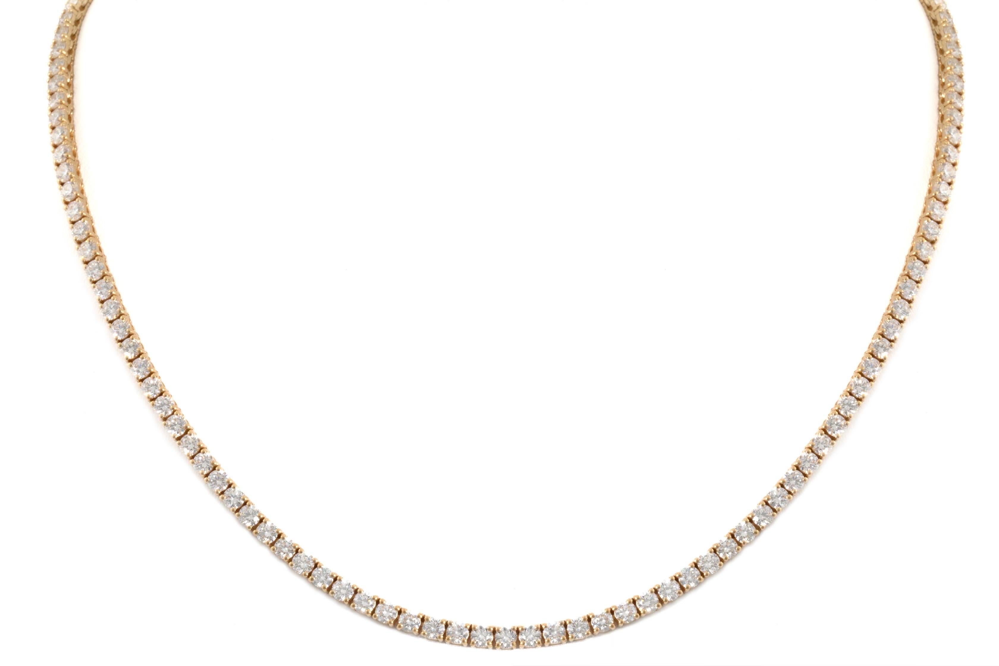 Round Cut 18k Yellow Gold Classic Diamond Tennis Necklace DTW. 14.00 carats For Sale