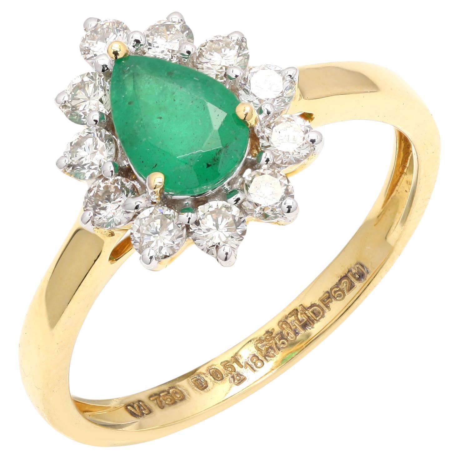 For Sale:  18k Yellow Gold Classic Halo Diamond Pear Cut Emerald Wedding Ring
