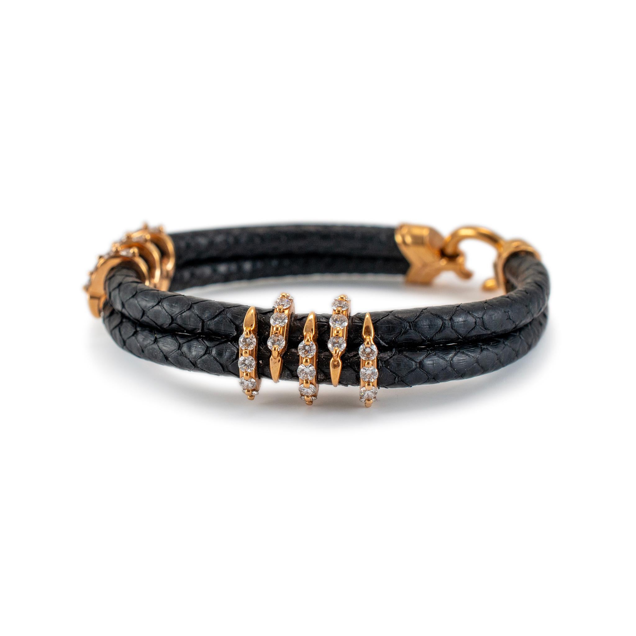 Round Cut 18K Yellow Gold Claw Pave Diamond Leather Bangle Bracelet For Sale