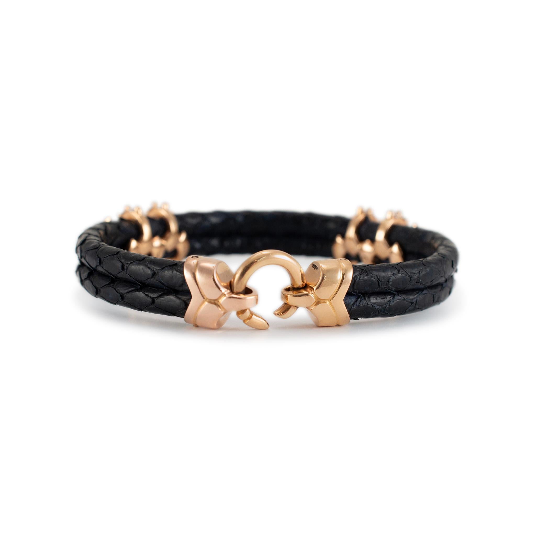 18K Yellow Gold Claw Pave Diamond Leather Bangle Bracelet In Excellent Condition For Sale In Houston, TX