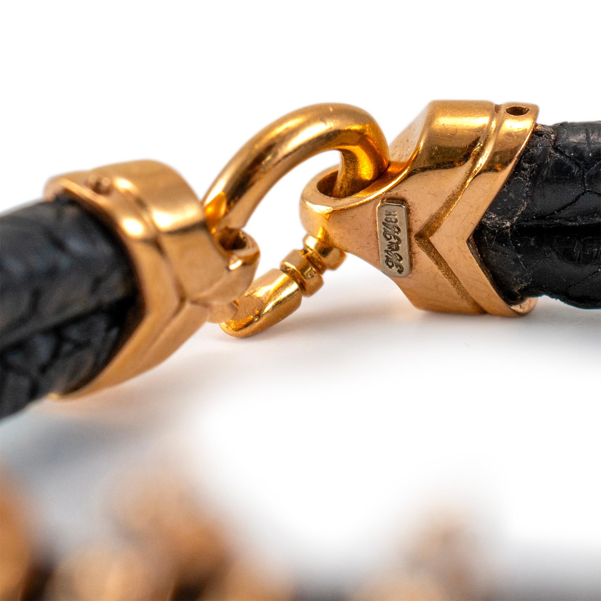 Women's or Men's 18K Yellow Gold Claw Pave Diamond Leather Bangle Bracelet For Sale