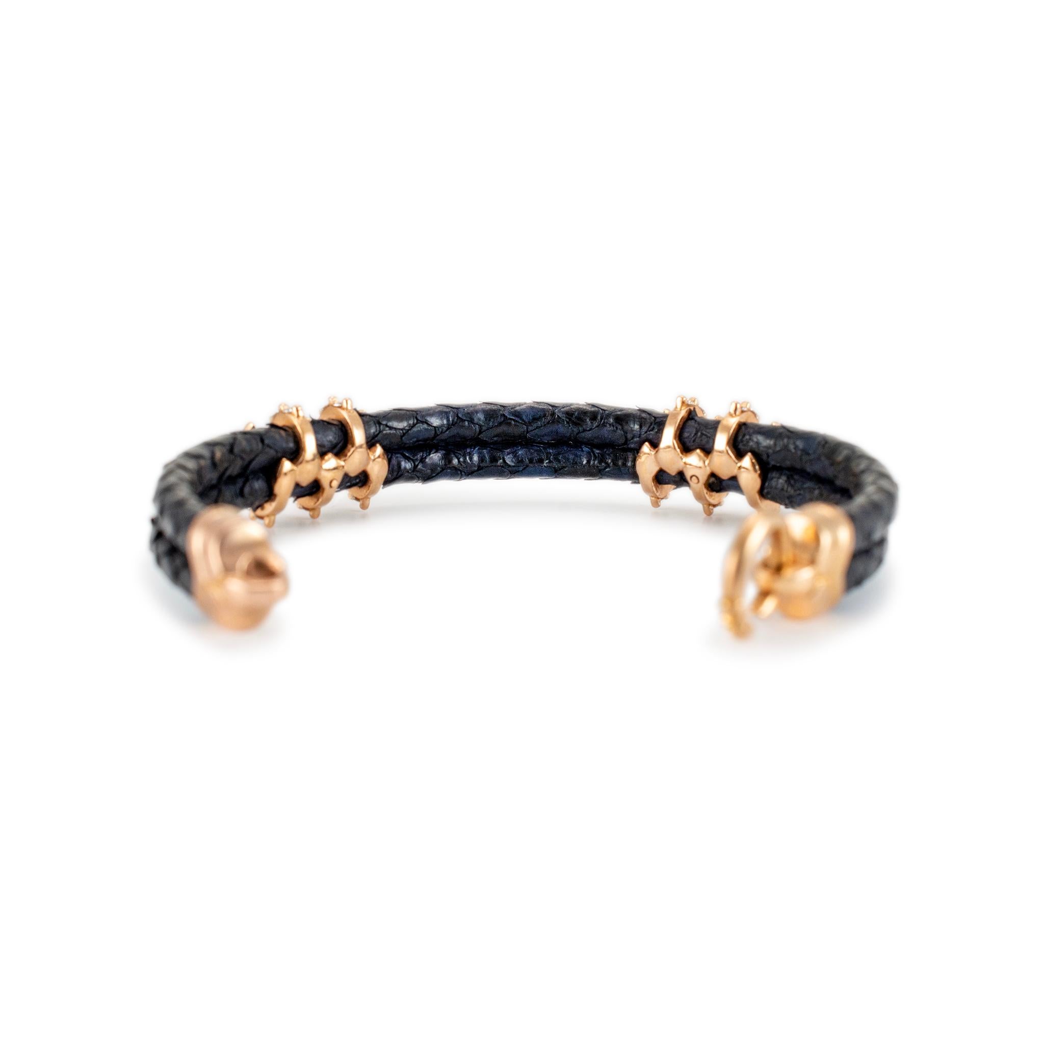 Women's or Men's 18K Yellow Gold Claw Pave Diamond Leather Bangle Bracelet For Sale
