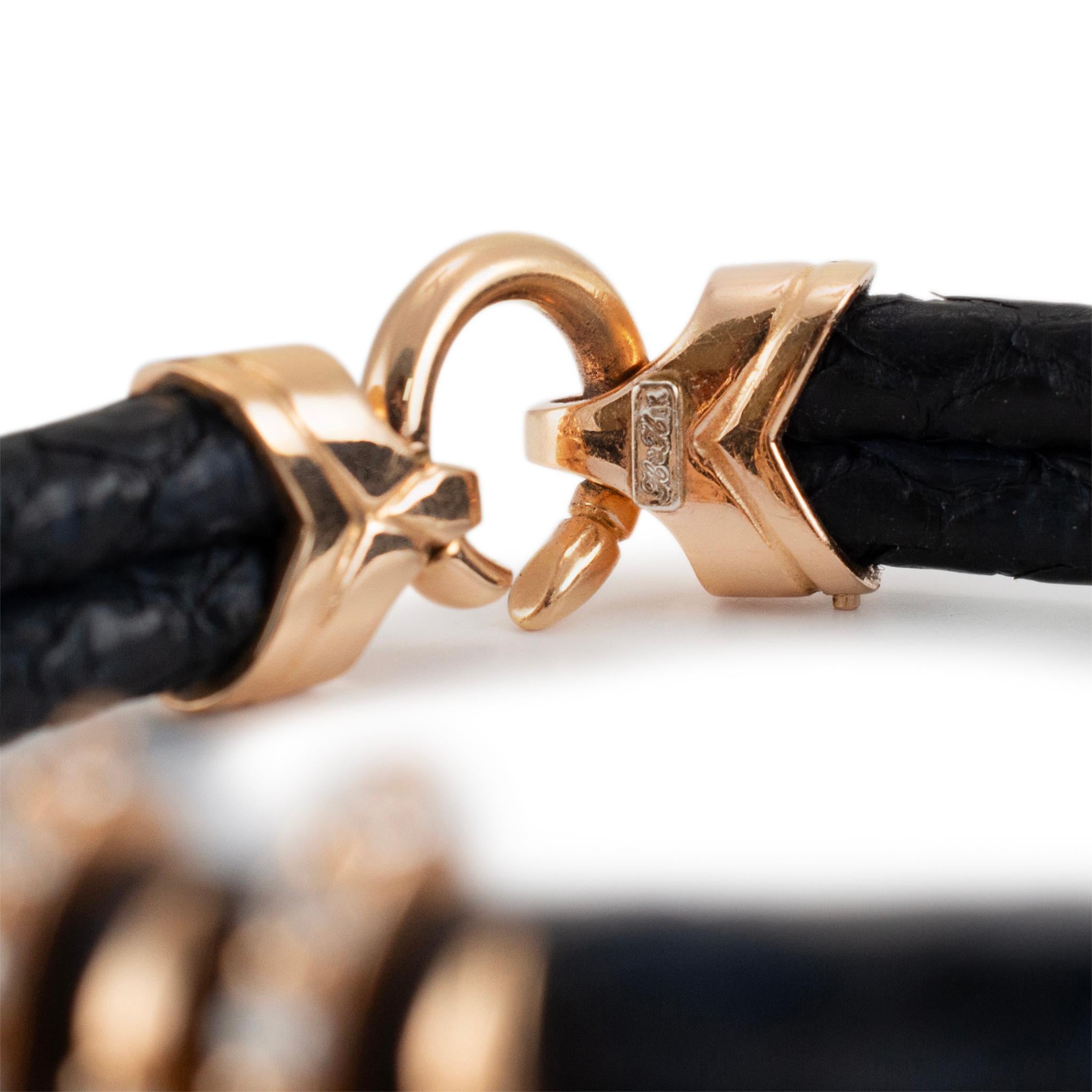 18K Yellow Gold Claw Pave Diamond Leather Bangle Bracelet For Sale 1