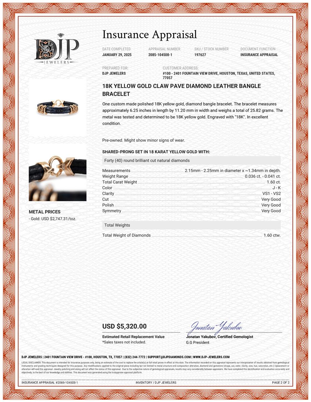 18K Yellow Gold Claw Pave Diamond Leather Bangle Bracelet For Sale 2