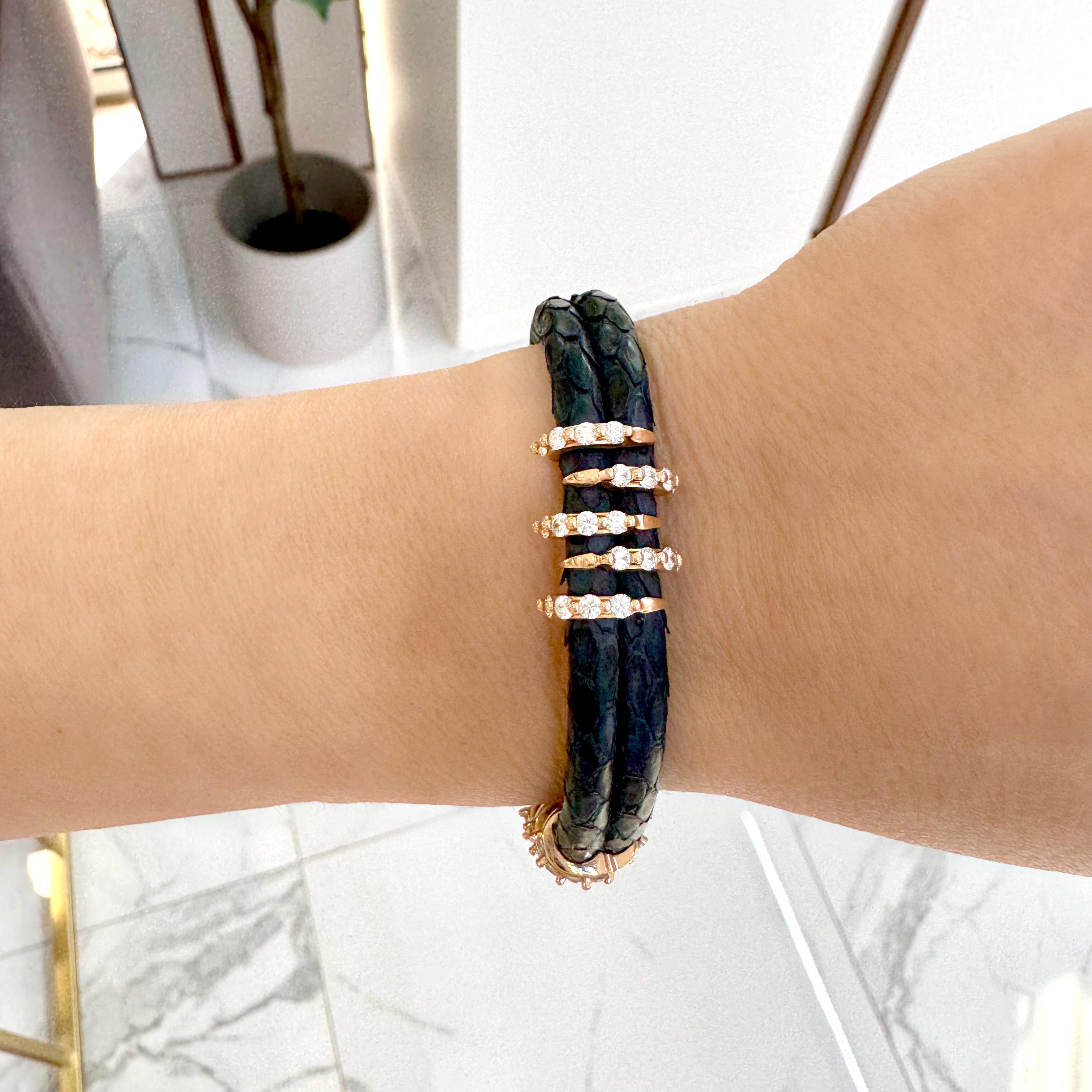 18K Yellow Gold Claw Pave Diamond Leather Bangle Bracelet For Sale 2
