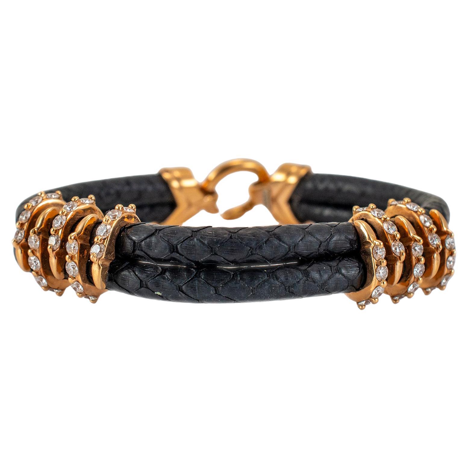 18K Yellow Gold Claw Pave Diamond Leather Bangle Bracelet For Sale