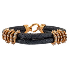 18K Yellow Gold Claw Pave Diamond Leather Bangle Bracelet