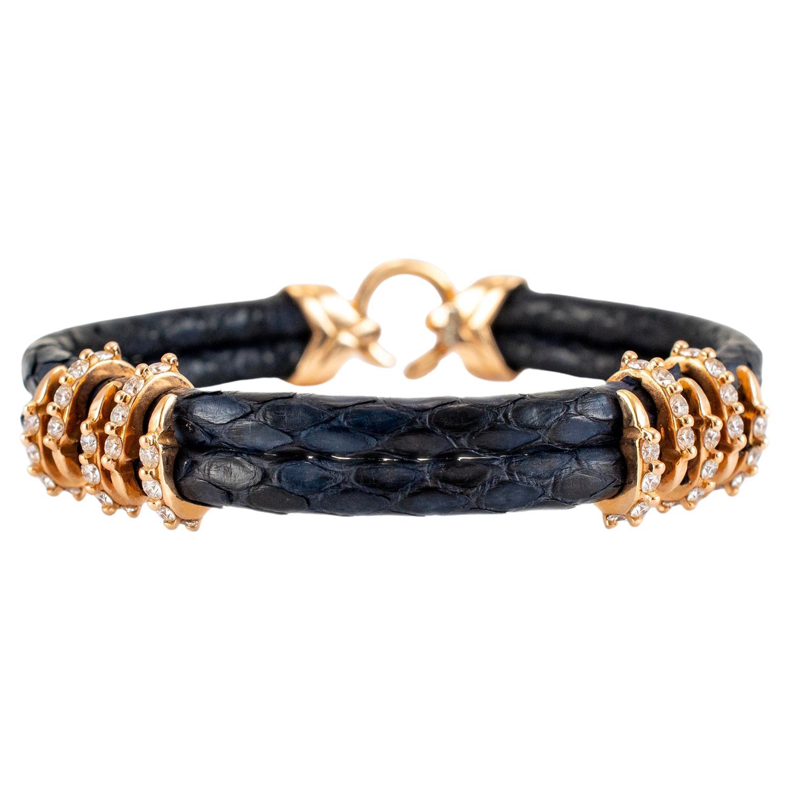 18K Yellow Gold Claw Pave Diamond Leather Bangle Bracelet