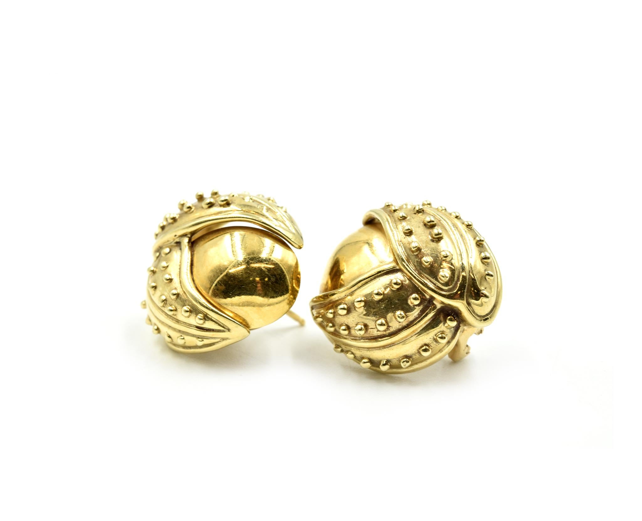 Designer: custom design
Material: 18k yellow gold
Dimensions: each earring is 1-inch in diameter
Fastenings: omega backs
Weight: 15.32 grams