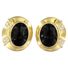 18k Yellow Gold Clip-On Earrings with Onyx and Diamond, 0.20ct