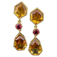 18k Yellow Gold Clip-On Tourmaline Citrine Dangle Earrings