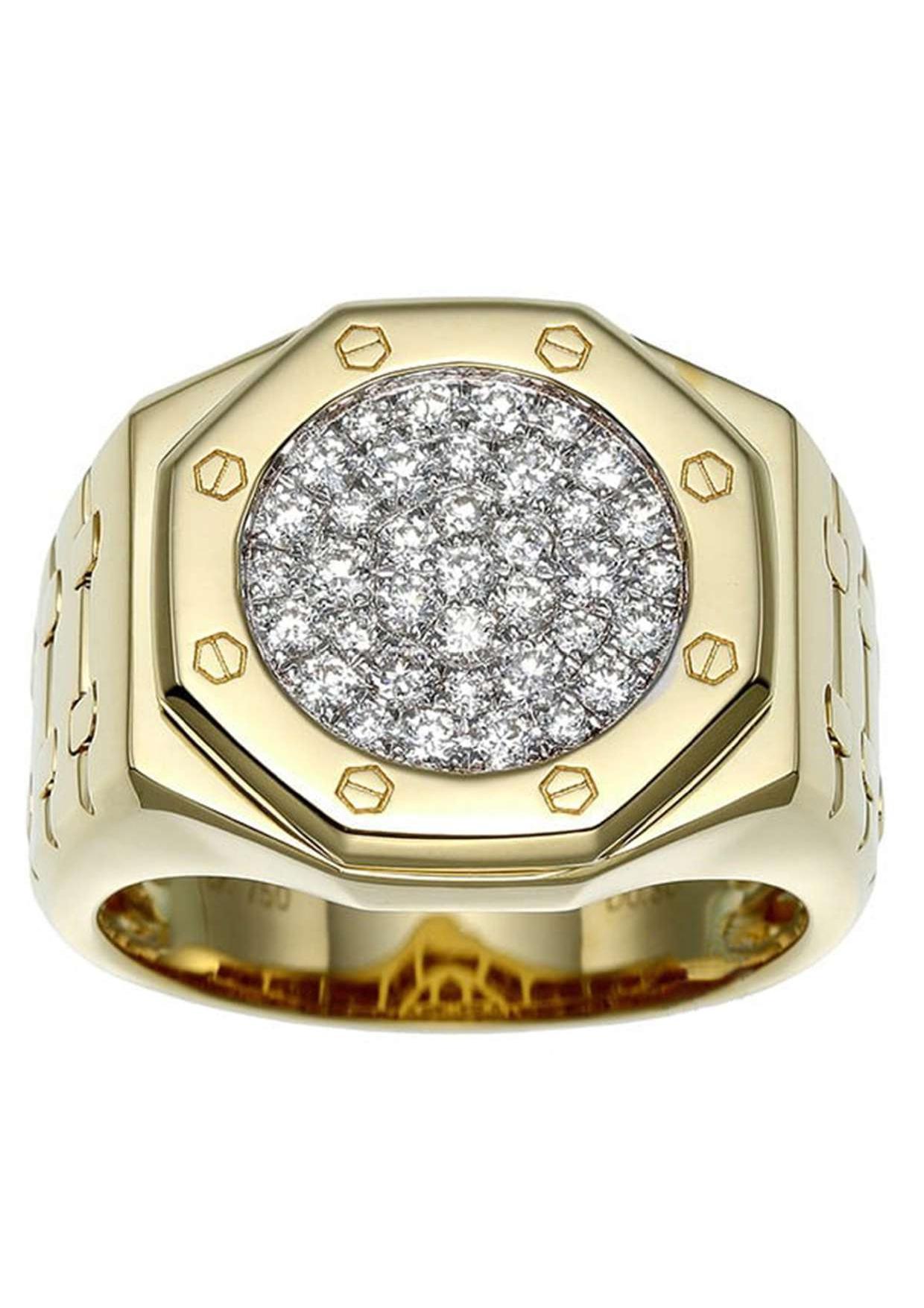 Round Cut 18K Yellow Gold Clock-Shaped Diamond Ring, 0.80ct, Size 11.25 For Sale