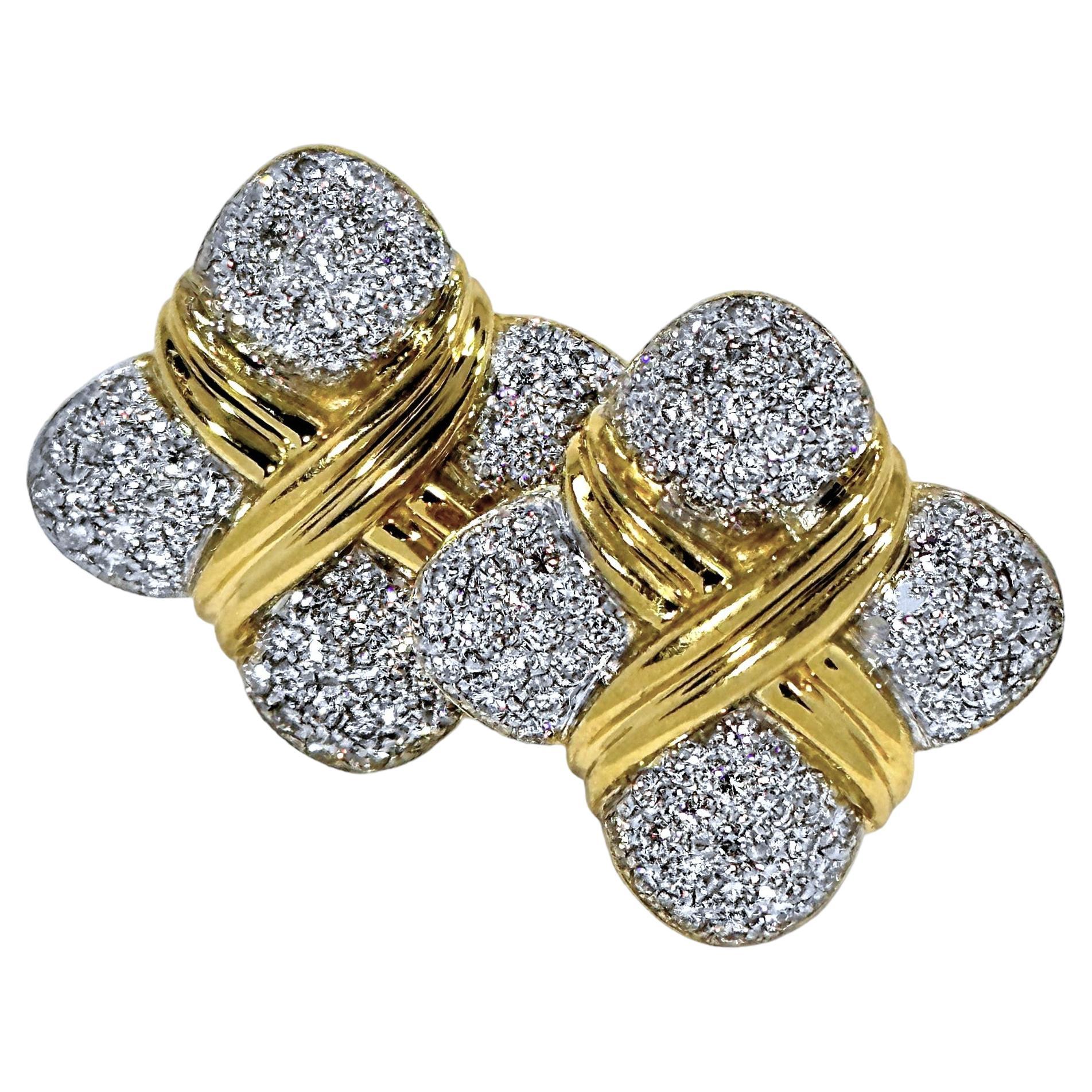 18k Yellow Gold Clover Motif Earrings Encrusted with Diamonds For Sale