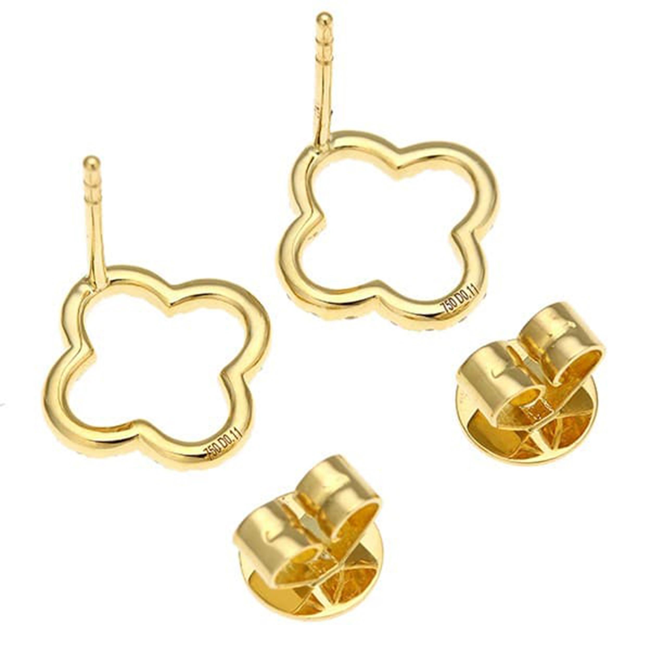 Enhance your look with these exquisite 18K yellow gold clover shaped diamond earrings. Each earring features two brilliant diamonds, totaling 0.11 carats each, set in a charming clover design. The diamonds measure approximately 10.5mm x 10.5mm,