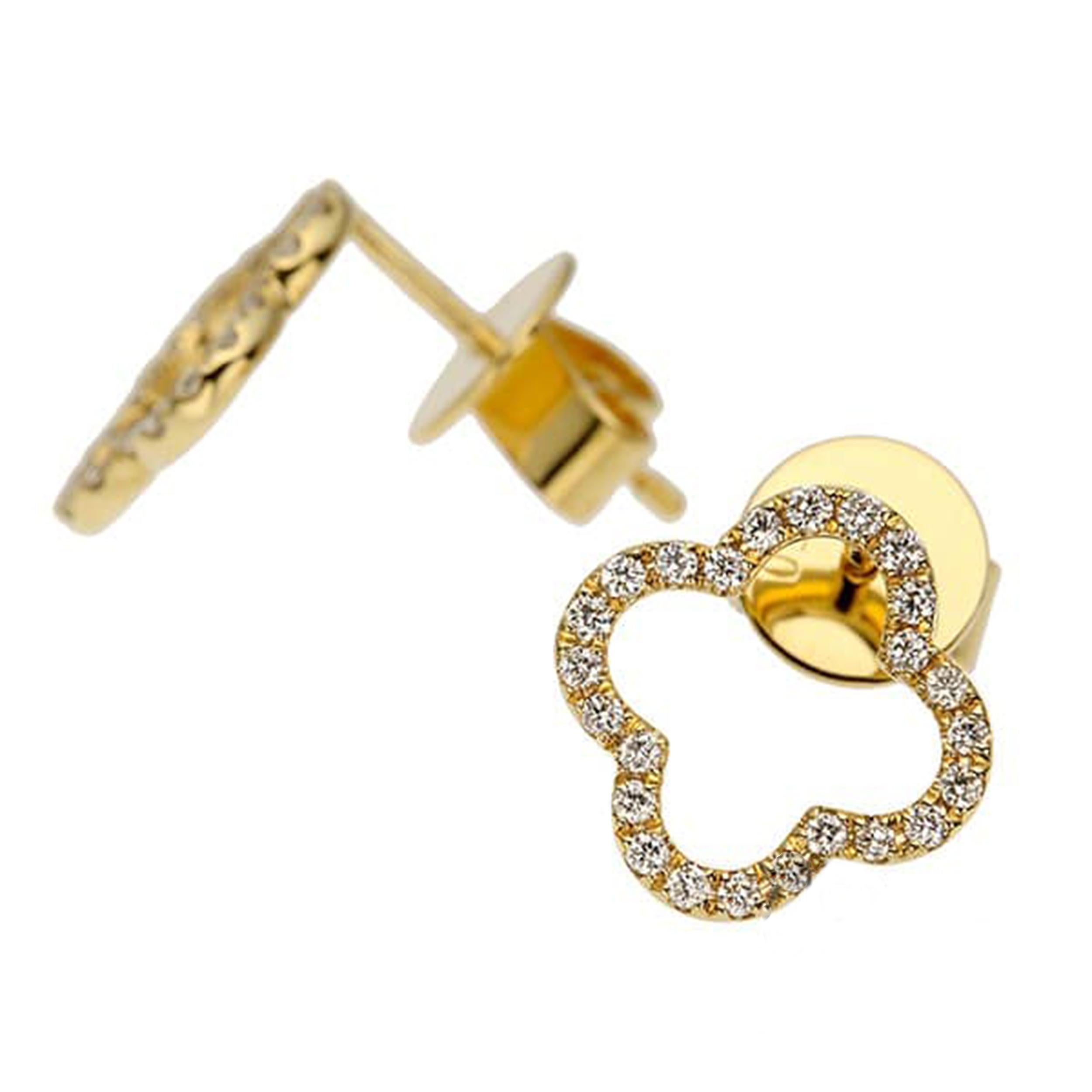 Artist 18K Yellow Gold Clover Shaped Diamond Earrings  0.11ct x 2  Approx. 10.5mm x 1 For Sale