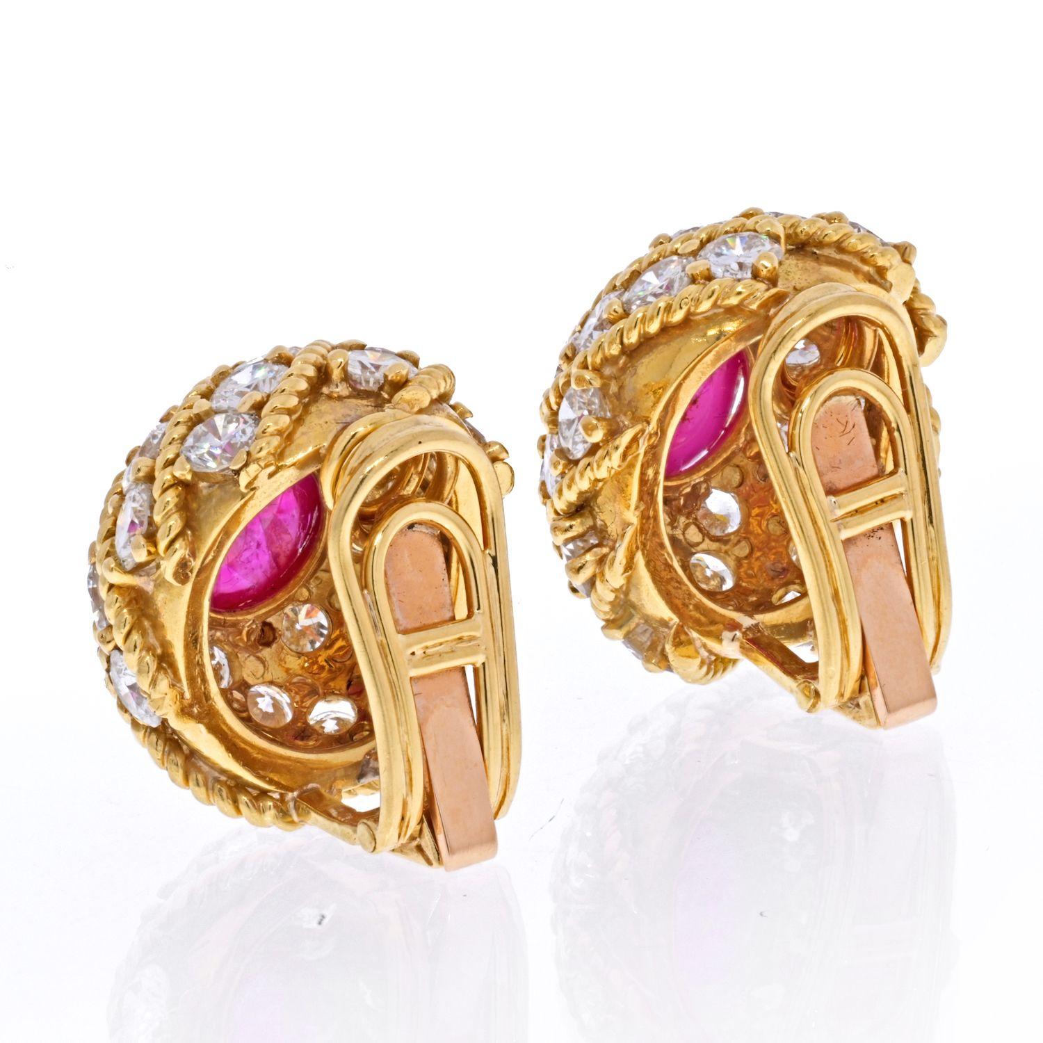 Modern 18K Yellow Gold Cluster Diamond and Rubies Estate Earrings For Sale