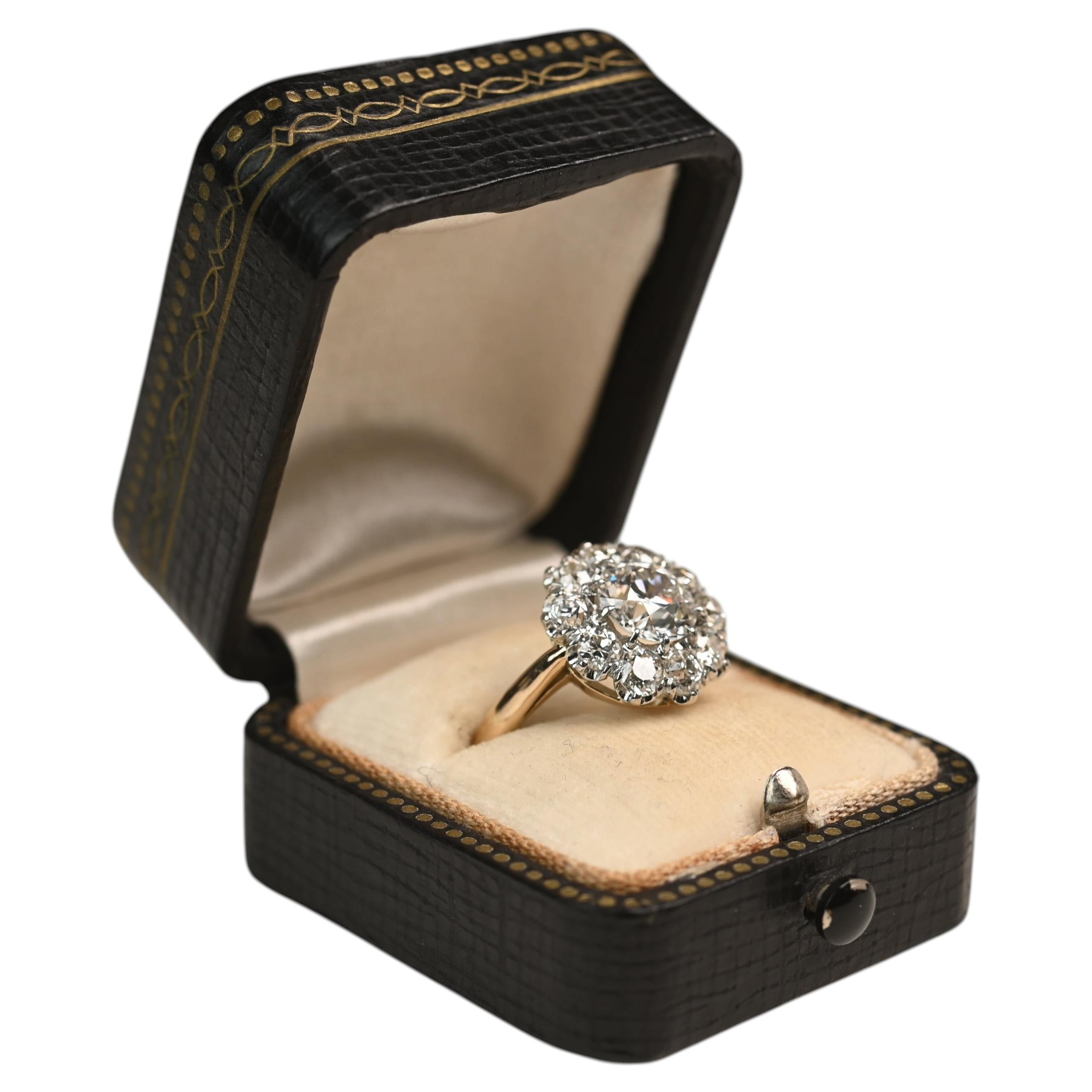18k Yellow Gold Cluster Engagement Ring. GIA 1.40ct Old Euro Diamond Ring H SI2