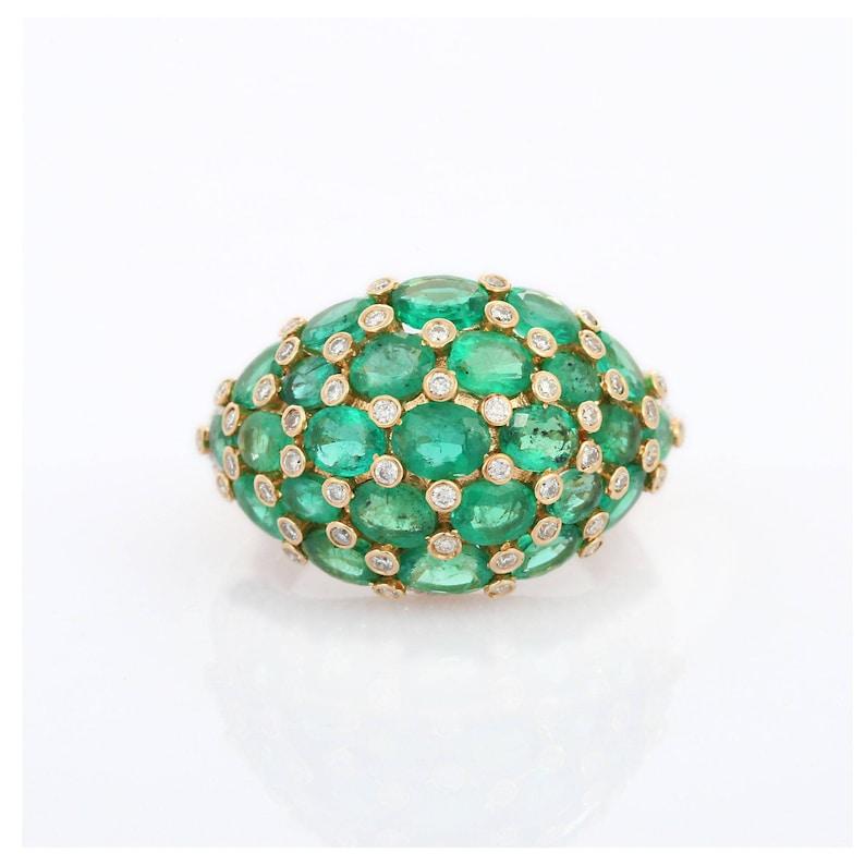 Modern 18kt Solid Yellow Gold Emerald Diamond Cocktail Ring, Emerald Dome Ring 
