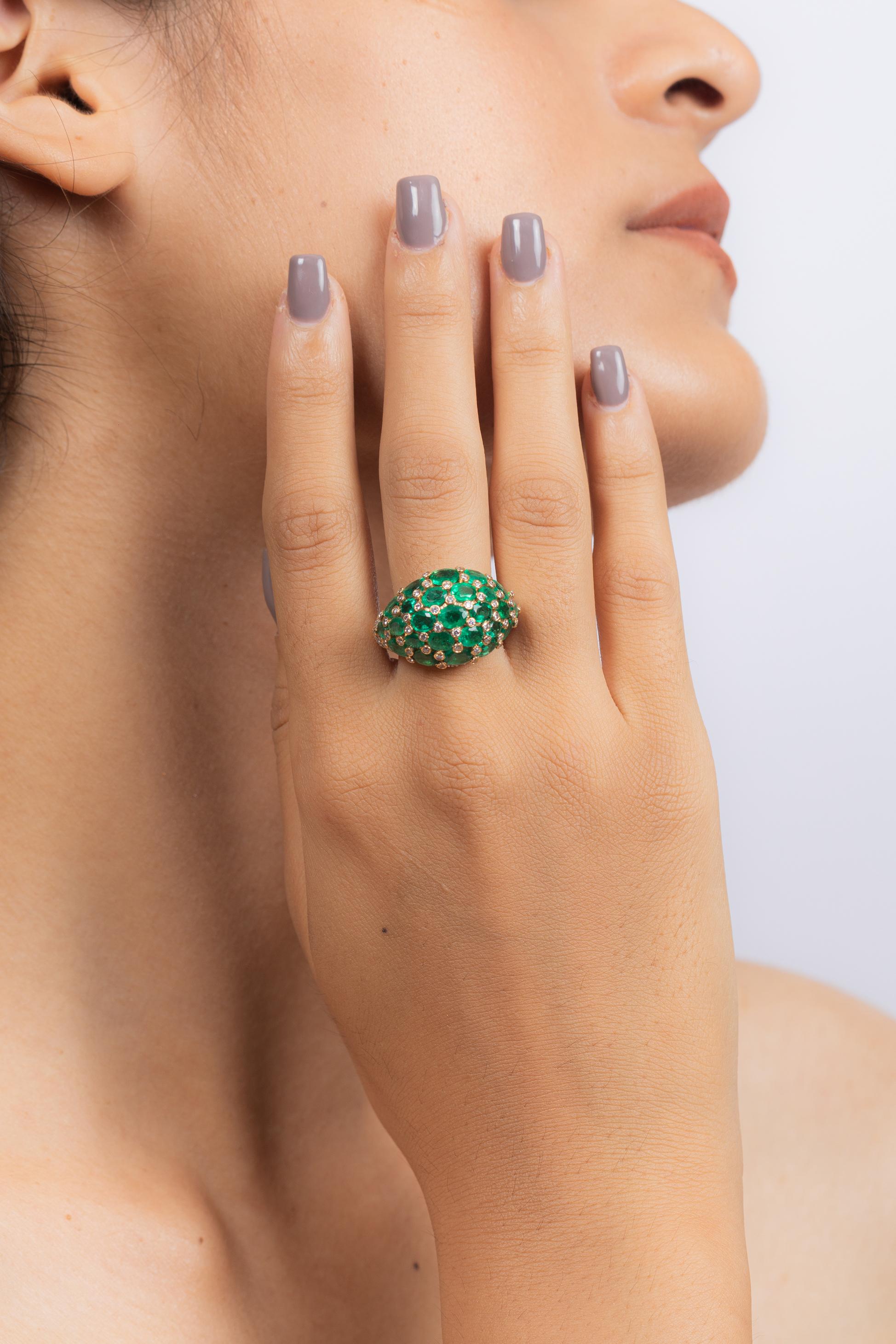 Oval Cut 18kt Solid Yellow Gold Emerald Diamond Cocktail Ring, Emerald Dome Ring 