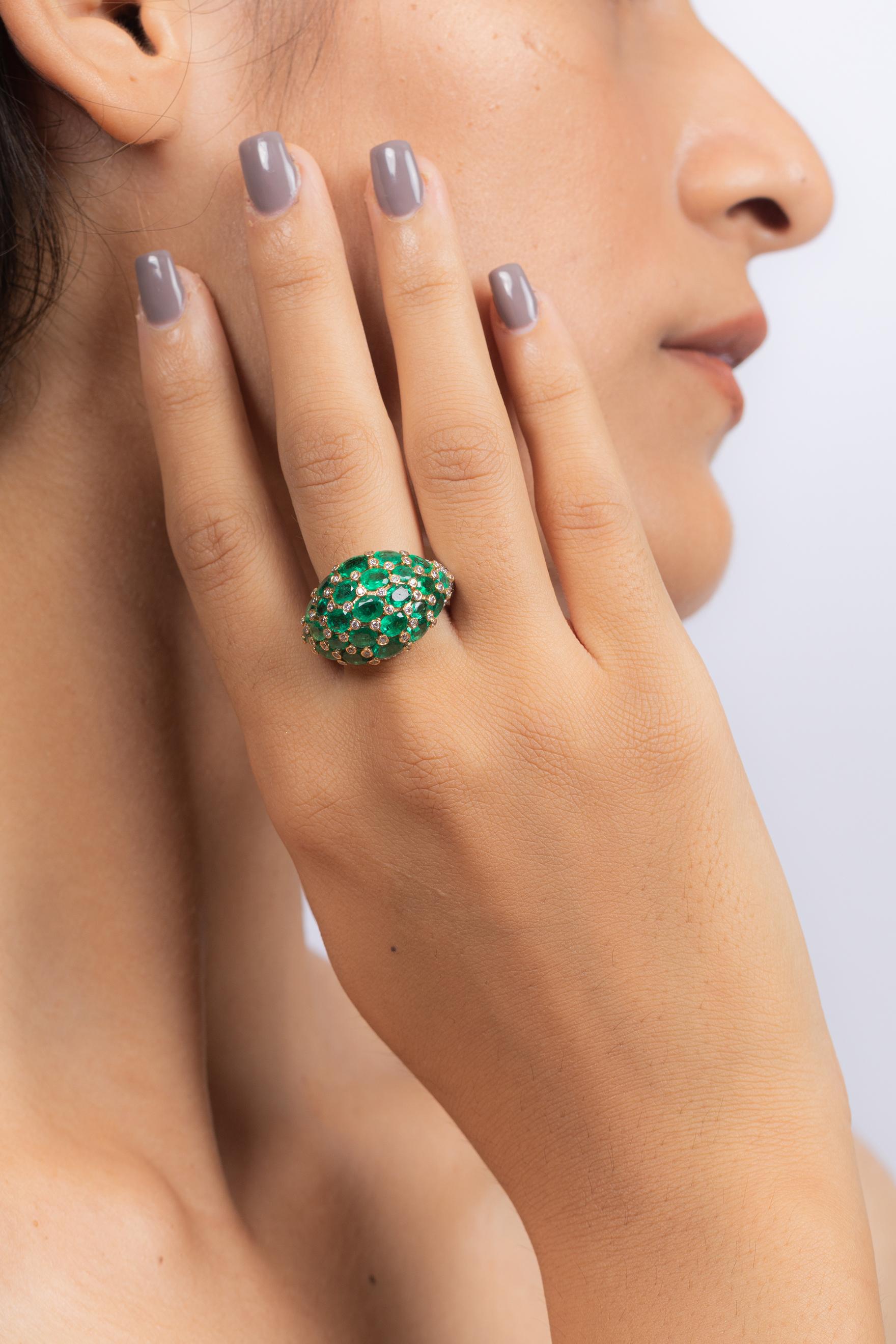 Women's 18kt Solid Yellow Gold Emerald Diamond Cocktail Ring, Emerald Dome Ring 