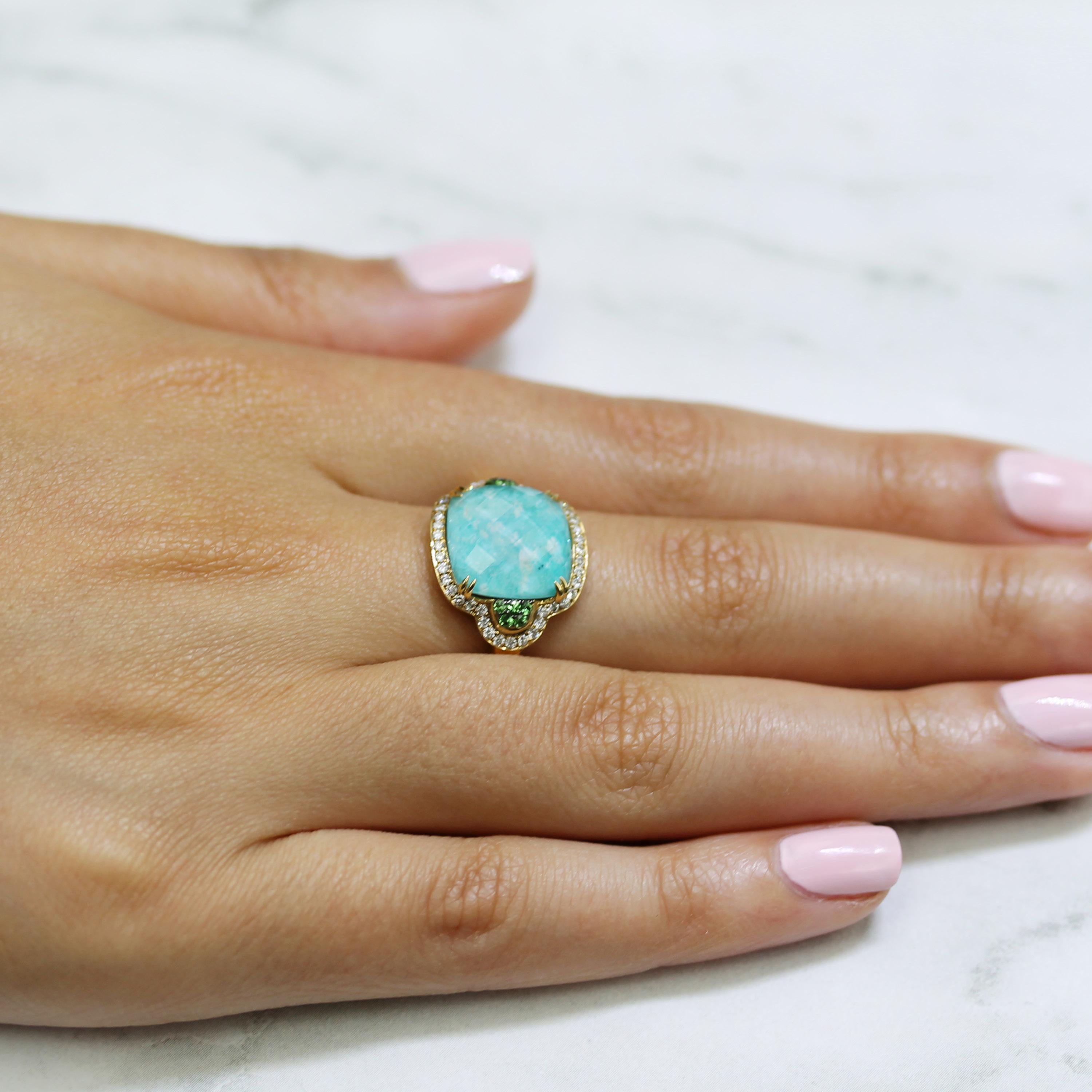 18K Yellow Gold Ring featuring a doublet of Cushion-Cut White Quartz layered with Amazonite, Diamond Halo, and Green Tsavorite accents. Finger size 6.5, adjustable upon request/quote. Amazonite, known as 
