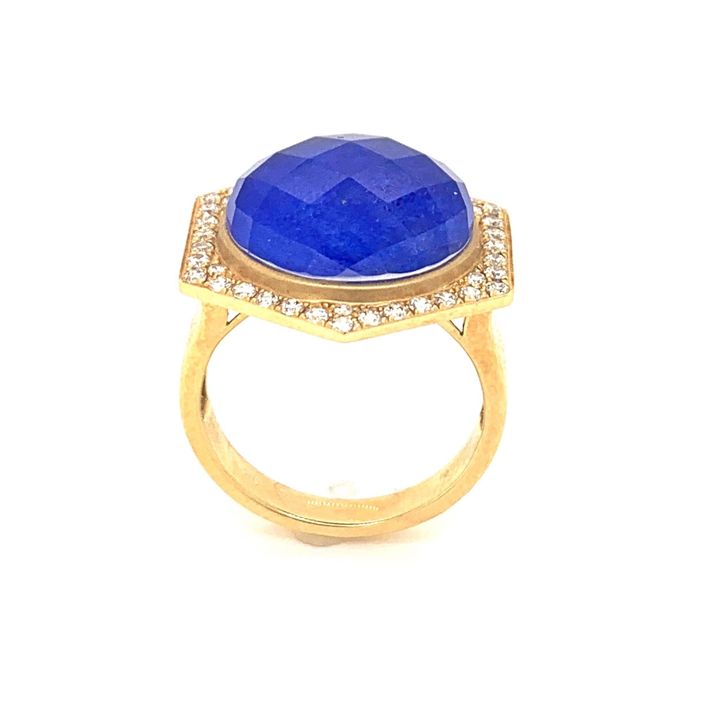 Round Cut 18K Yellow Gold Cocktail Ring with Lapis Lazuli Rock Crystal Quartz and Diamonds For Sale