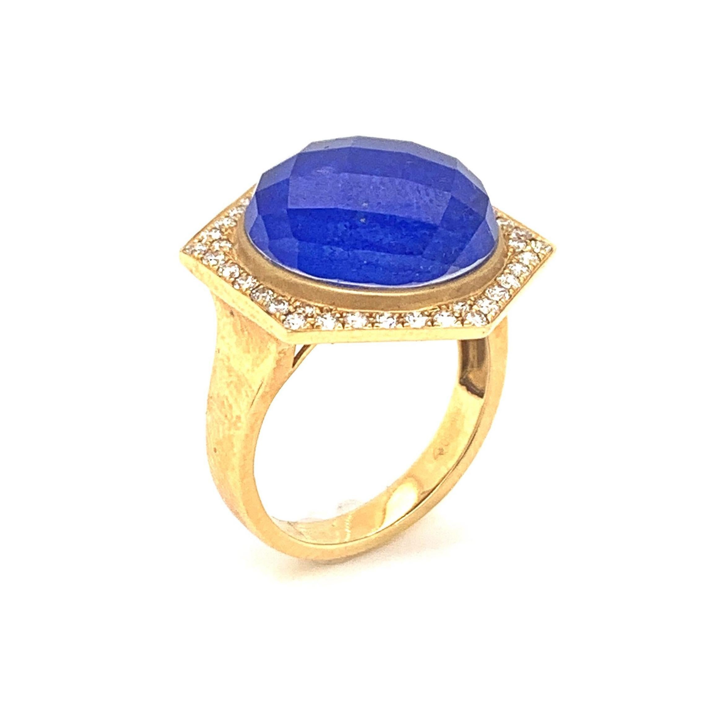 18K Yellow Gold Cocktail Ring with Lapis Lazuli Rock Crystal Quartz and Diamonds In New Condition For Sale In Great Neck, NY