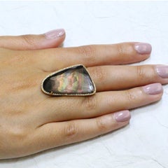 18K Yellow Gold Cocktail Ring w/Rock Crystal Quartz, Mother of Pearl & Diamonds
