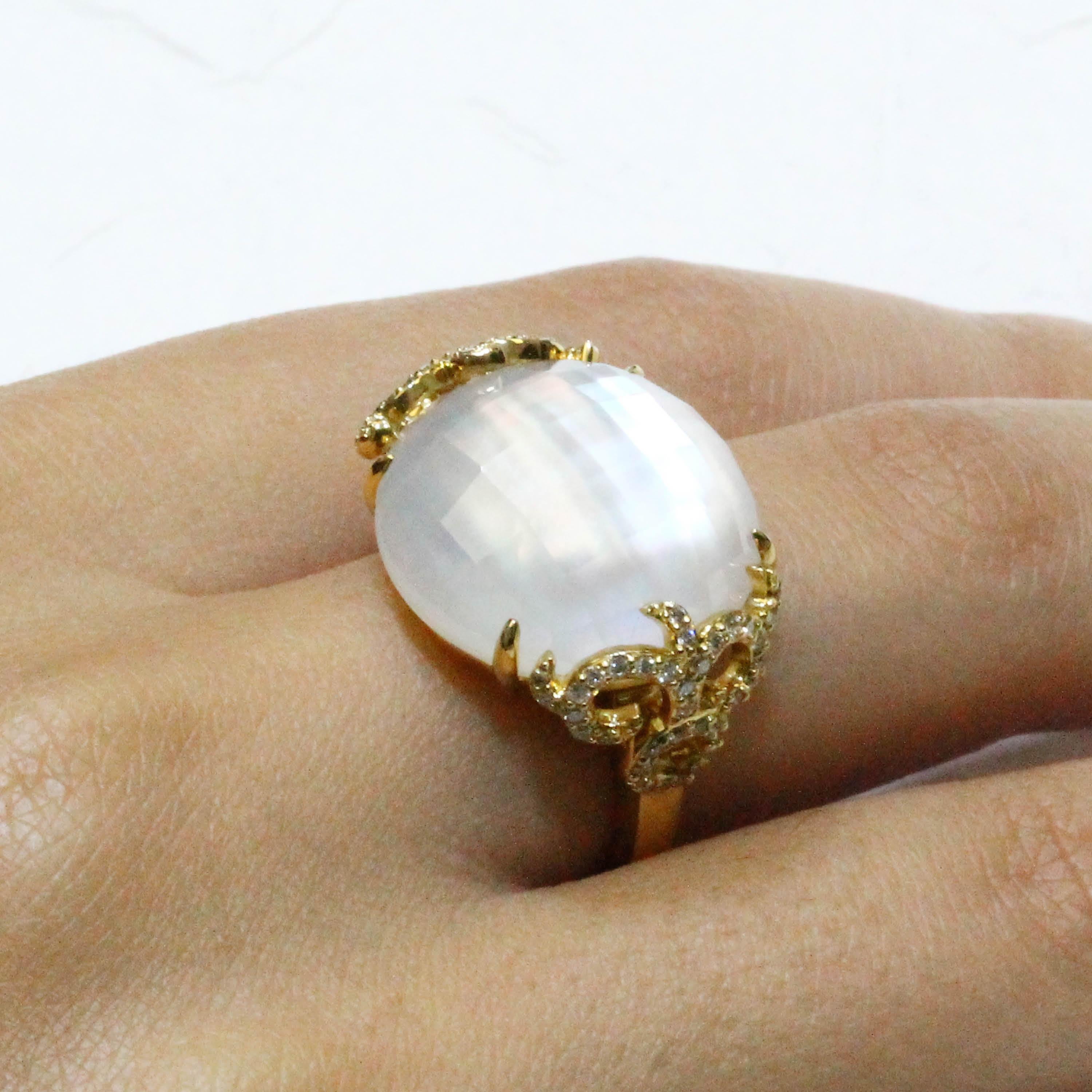 Mixed Cut 18K Yellow Gold Cocktail Ring w/Rock Crystal Quartz, Mother of Pearl & Diamonds For Sale