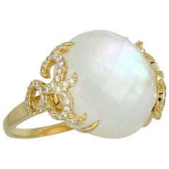 18K Yellow Gold Cocktail Ring w/Rock Crystal Quartz, Mother of Pearl & Diamonds