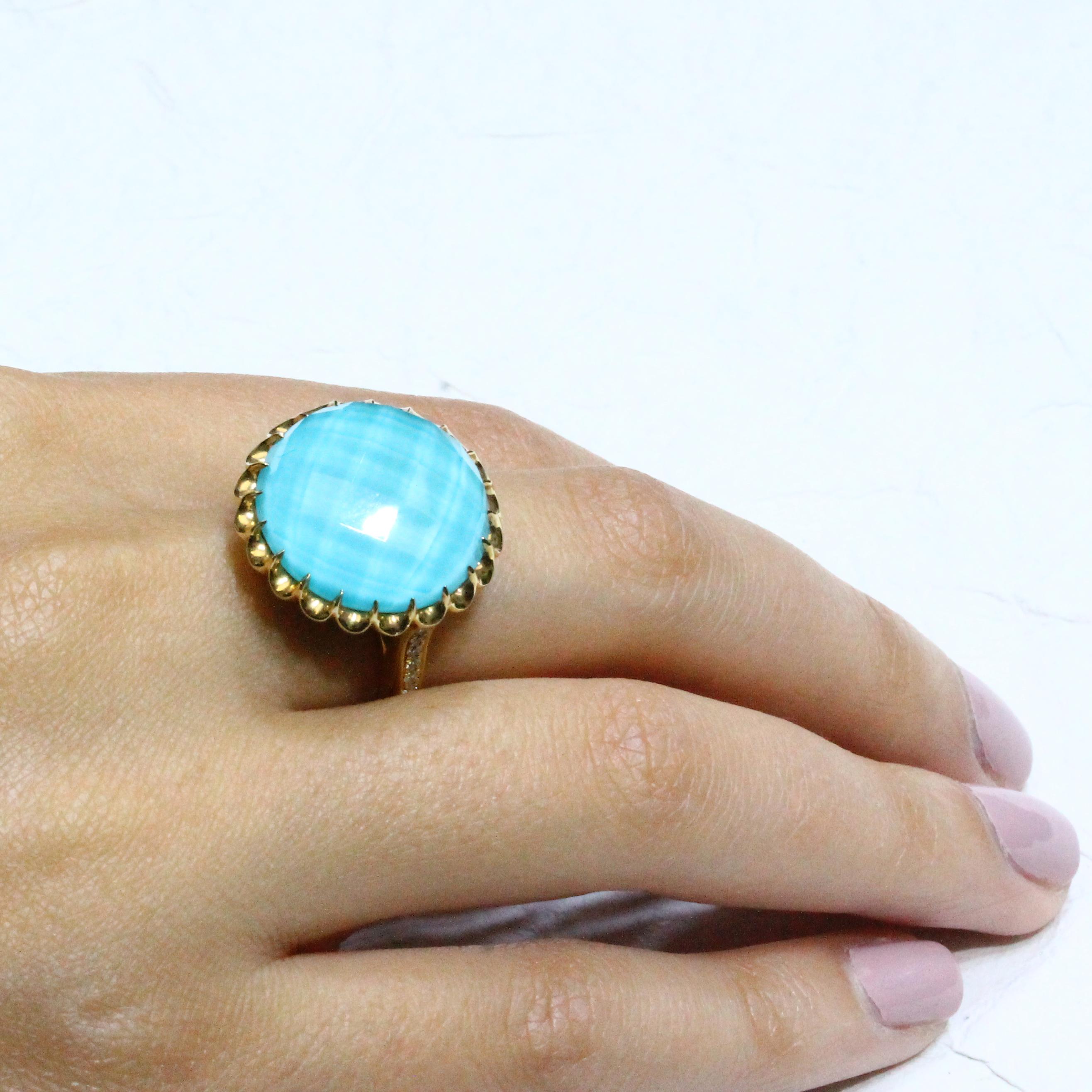 St. Barths Blue Cocktail Ring featuring an Round, checker-cut, White Topaz layered with Natural Arizona Turquoise, Prong Halo, Diamond Shank, set in 18K Yellow Gold. The St. Barths Blue collection from Doves by Doron Paloma takes you to the crystal